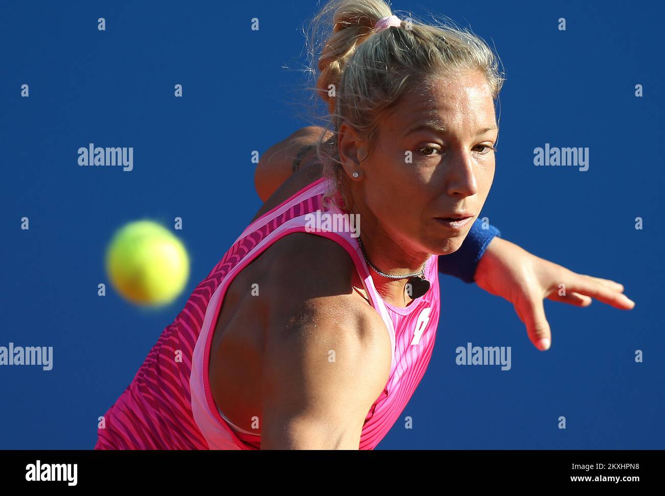 Tereza Mrdeza of Croatia in action during the final match of the 2020 ITF  Zagreb Ladies