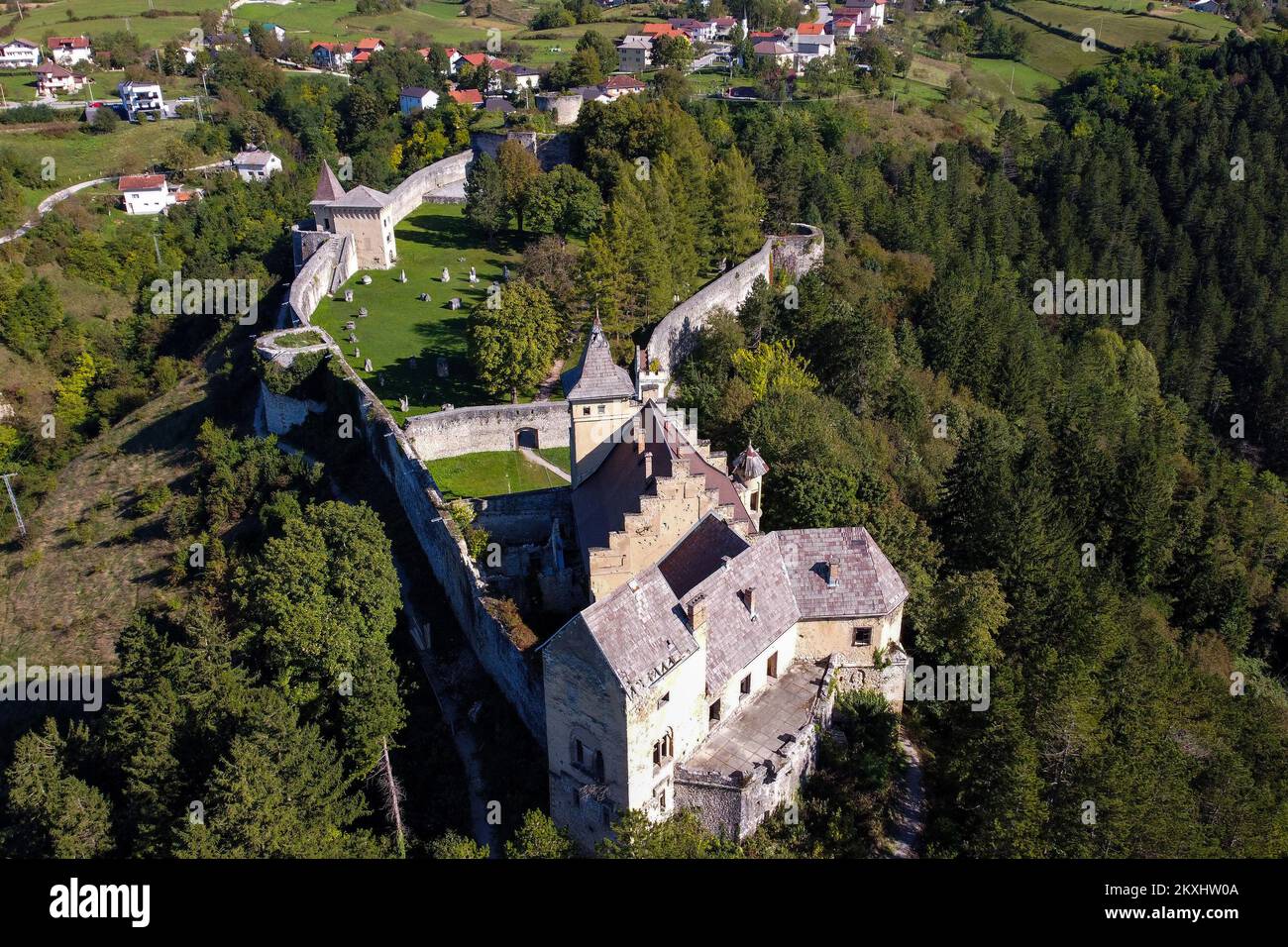 View of the Old Town Ostrozac, in Cazin, Bosnia and Herzegovina, on Sep. 24, 2020.Ostrozac Castle is a castle located in Bosnia and Herzegovina in the Una-Sana Canton just outside the town of Cazin, in the village of Ostrozac. The castle dates back to the 13th century when Ostrozac was part of property of the noble house of Babonic family. In 1592 it was captured by the Ottoman Turks and established as an Ottoman province of Bosnia. The castle was built between 1900 and 1906 by Major of Bihac Lothar Von Berks as a birthday present for his wife, member of the Habsburg family. Ownership of the  Stock Photo