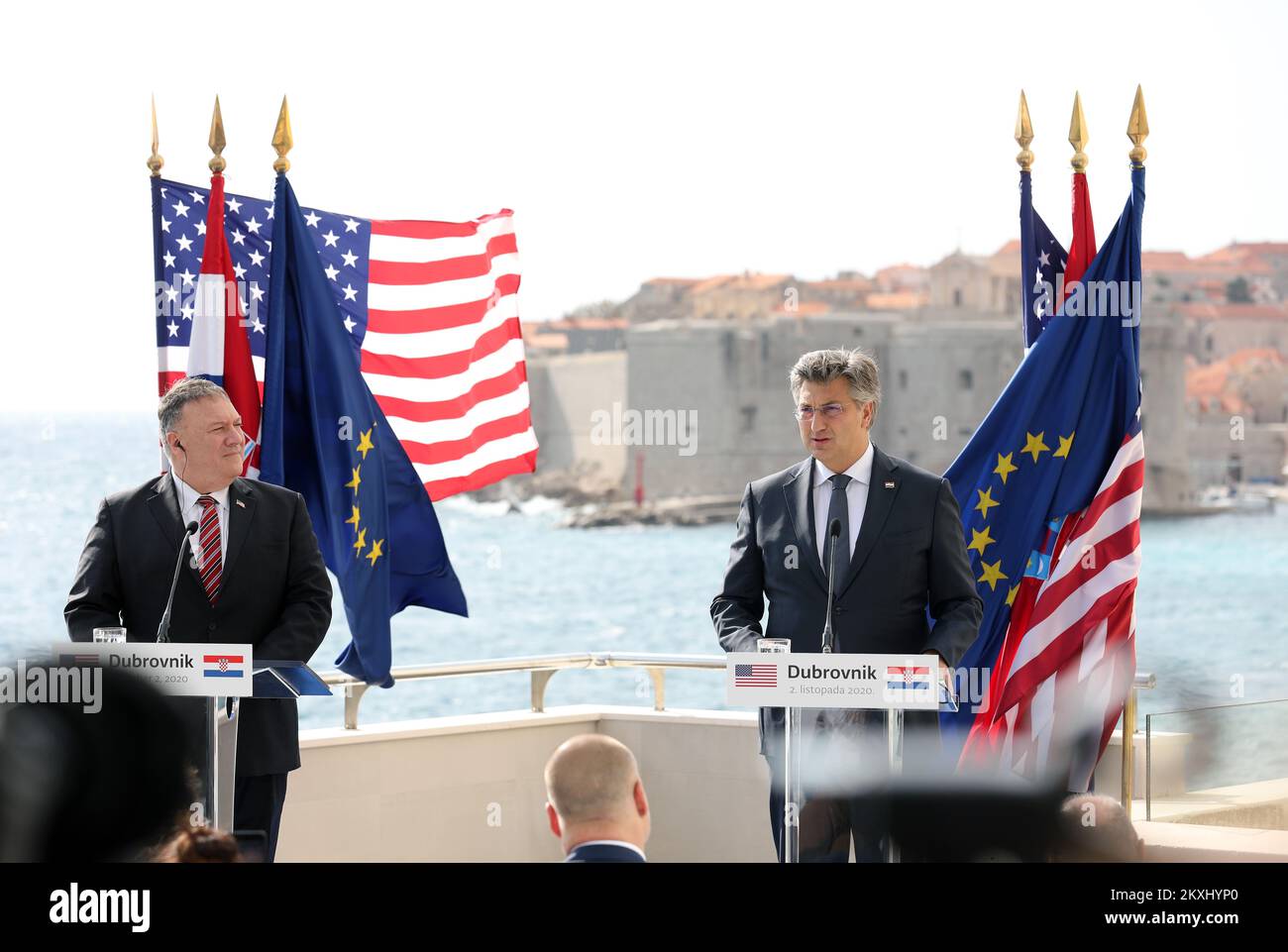 U.S. Secretary of State Mike Pompeo received by Croatia's Prime Minister Andrej Plenkovic as part of his European tour at Hotel Excelsior in Dubrovnik, Croatia, on October 02, 2020. They discuss about the abolishment of the visa requirement for Croatians traveling to the USA, Croatia's plan to purchase fighter jets F-16 block 70 and opportunities for closer cooperation between the United States and Croatia in key areas of mutual concern, including defense cooperation, the growing U.S.-Croatia investment relationship, and Croatiaâ€™s strong efforts to advance Western Balkan integration. Photo:  Stock Photo