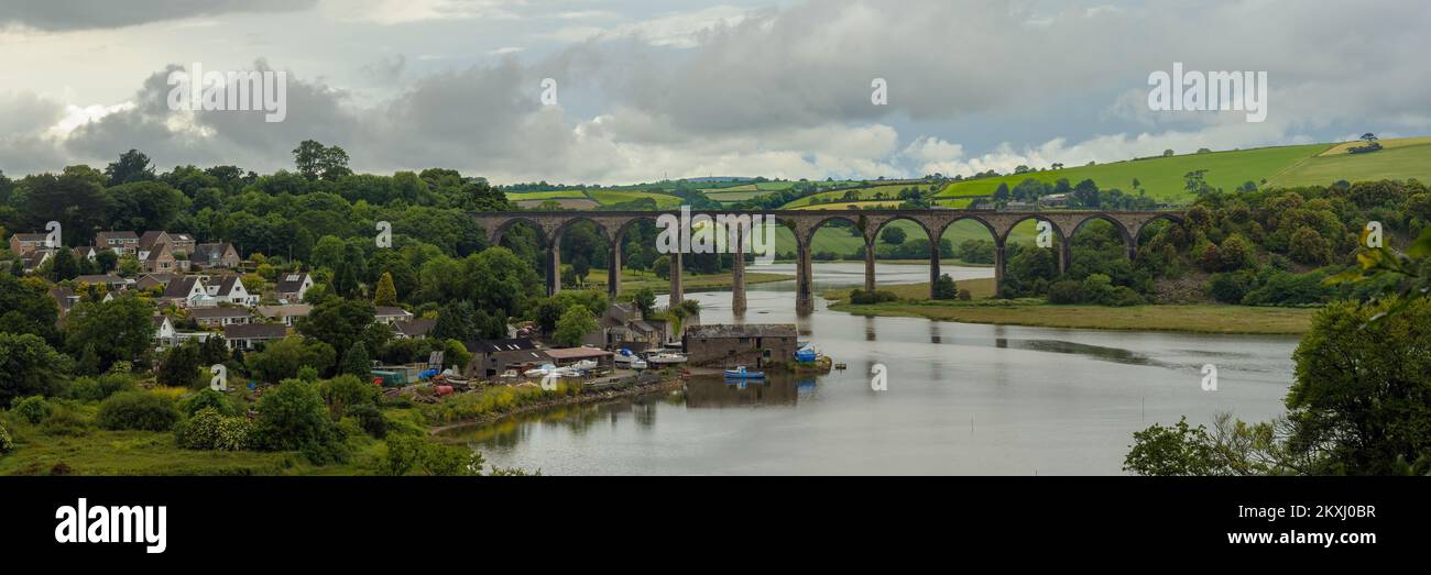 ST GERMANS, CORNWALL, UK - JUNE 06, 2009:  Panorama view of the railway viaduct over the River Tiddy Stock Photo