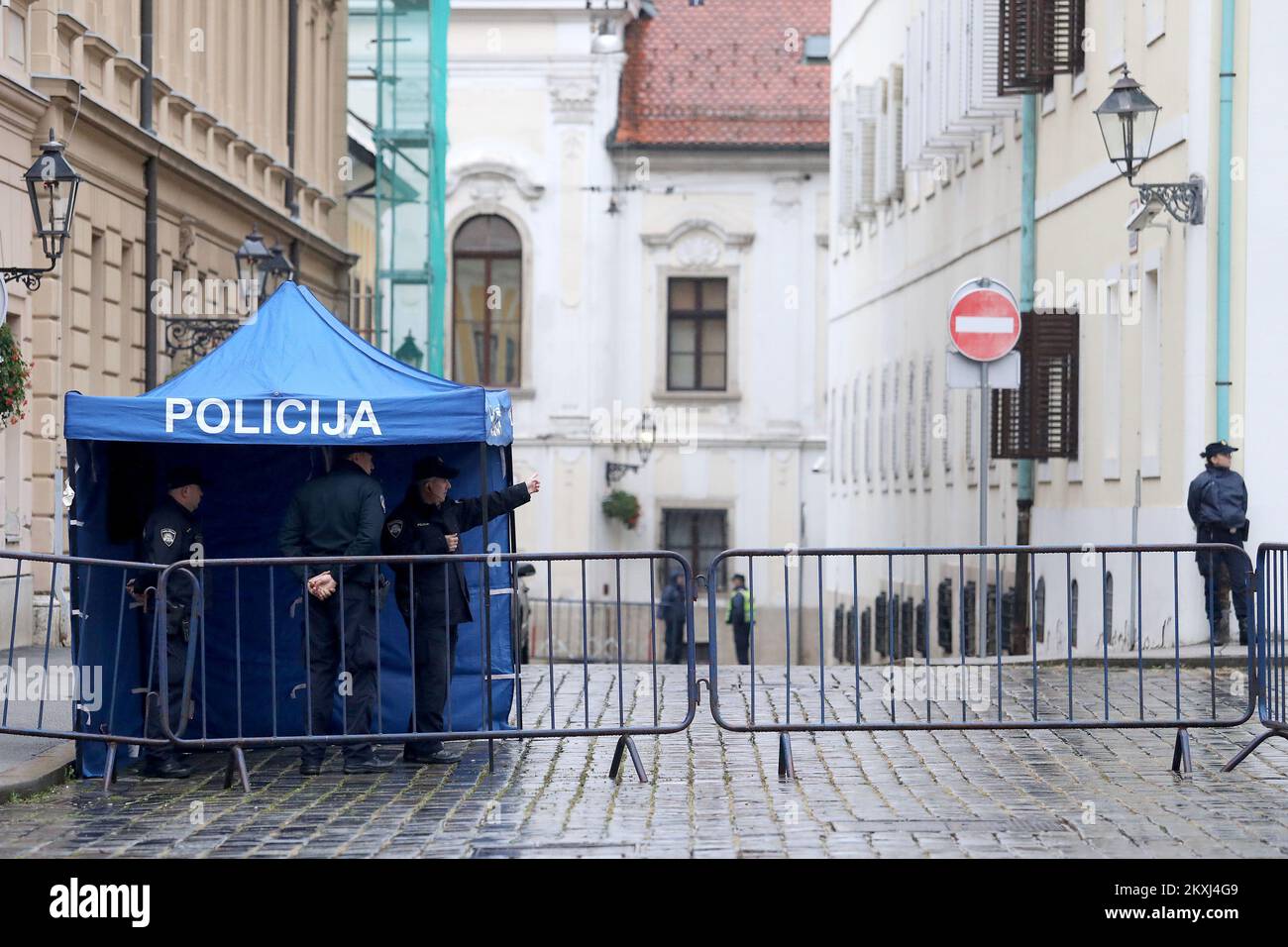 The police fenced off St Marks Square after yesterday's shooting, in Zagreb, October 13, 2020. 22-year-old Danijel Bezuk shot a police officer in Zagreb's St. Mark's Square yesterday, after which he committed suicide in the Jabukovac area.Police officer received four gunshot wounds and is at Vinogradska Hospital. Photo: Patrik Macek/PIXSELL Stock Photo