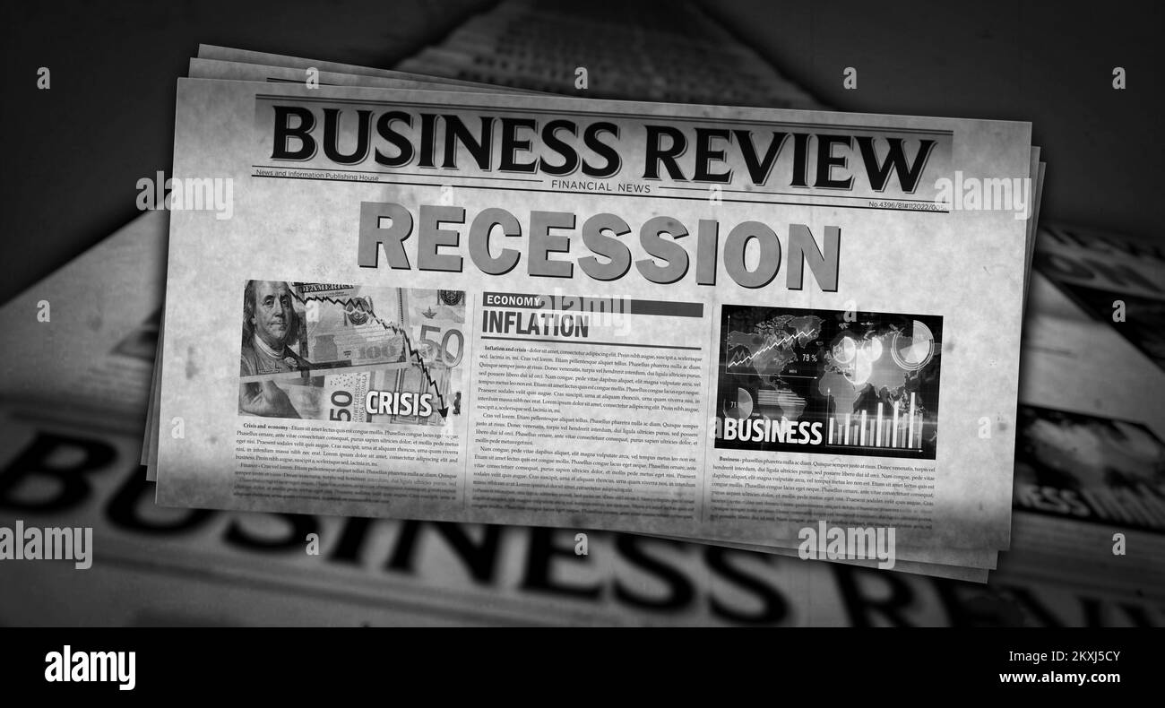 Recession, economy crisis and business crash vintage news and newspaper printing. Abstract concept retro headlines 3d illustration. Stock Photo