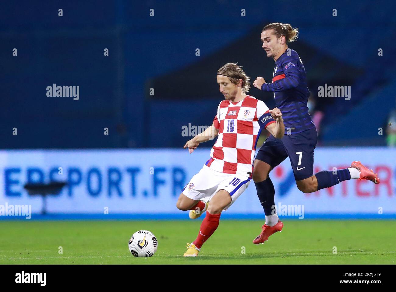 Antoine Griezmann of France and Luka Modric of Croatia during the UEFA Nations League group stage between Croatia and France at Maksimir Stadium on October 14, 2020 in Zagreb, Croatia.