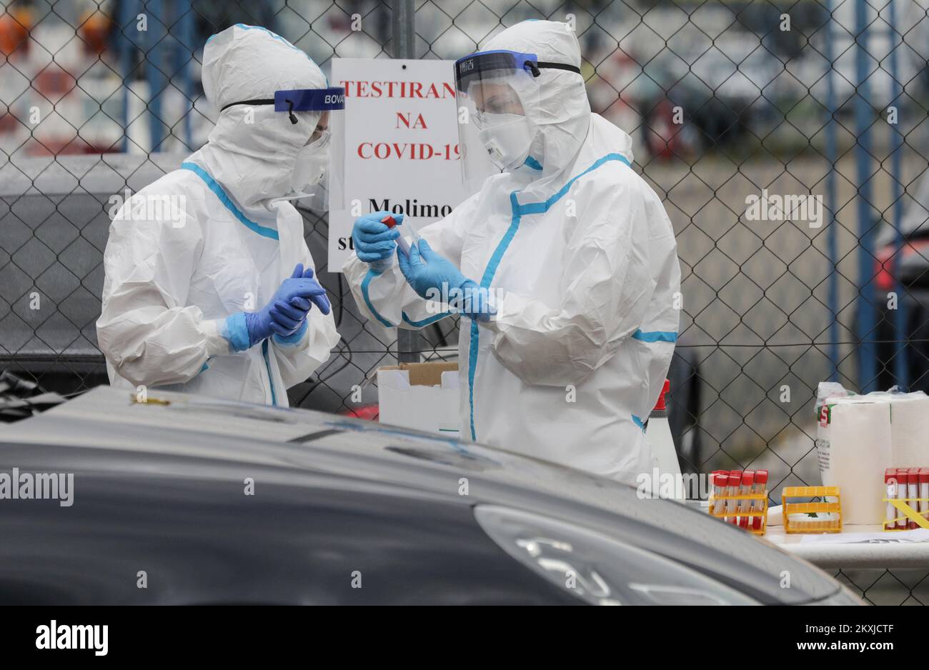 Testing for coronavirus in the east parking lot of the Zagreb Fair in Zagreb, Croatia on October 29, 2020. In the last 24 hours, 2776 new cases of SARS-CoV-2 virus infection were recorded, and the number of active cases in Croatia today is 14031. Among them, 985 patients are in hospital, of which 71 are on a respirator. 18 people died. Photo: Robert Anic/PIXSELL  Stock Photo