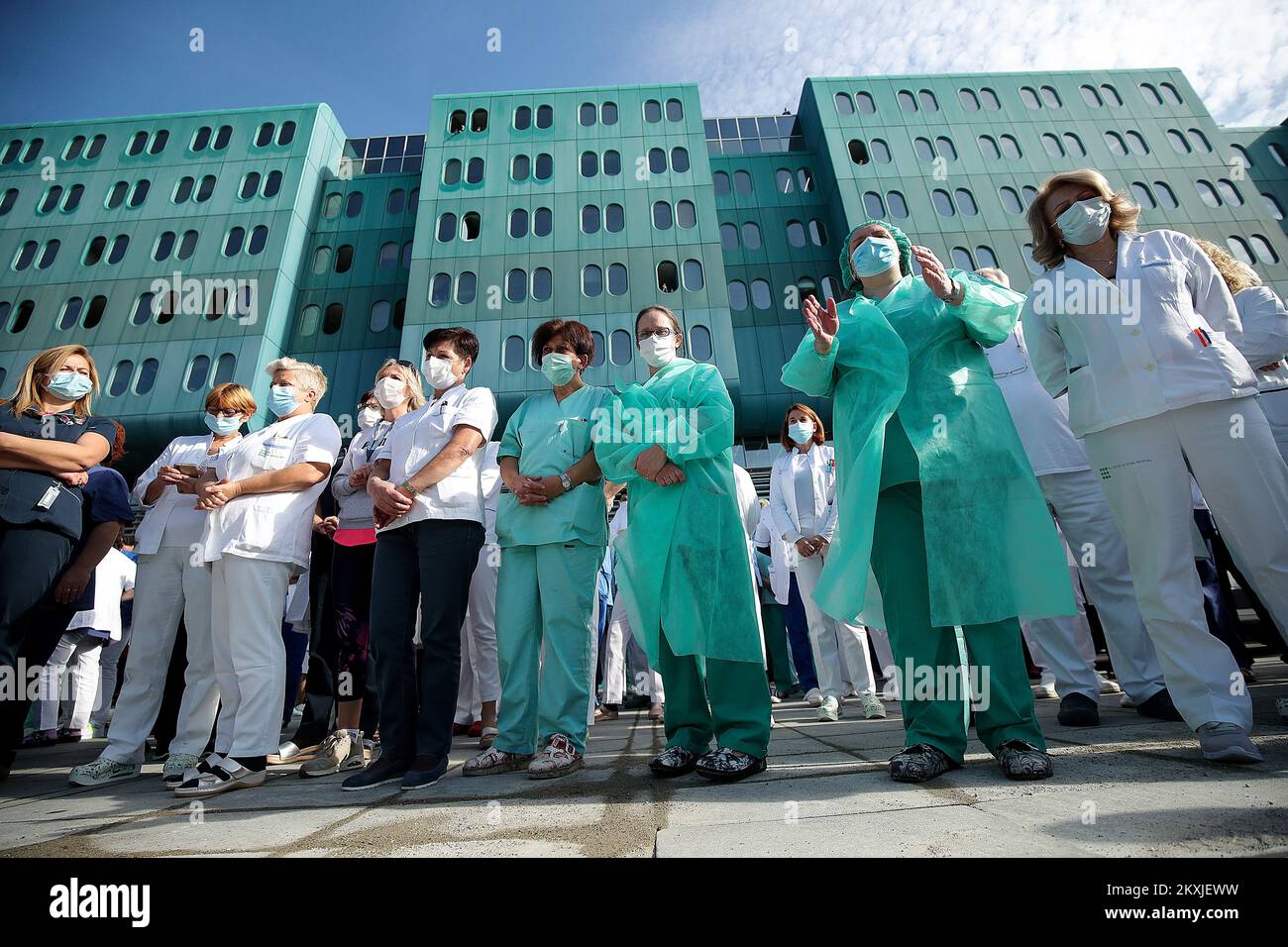 Doctors, nurses and other employees of the Dubrava Clinical Hospital  protested in front of the hospital in Zagreb, Croatia on November 3, 2020.  They are dissatisfied with the fact that the Dubrava Hospital has become  exclusively a COVID-19 hospital. Photo ...