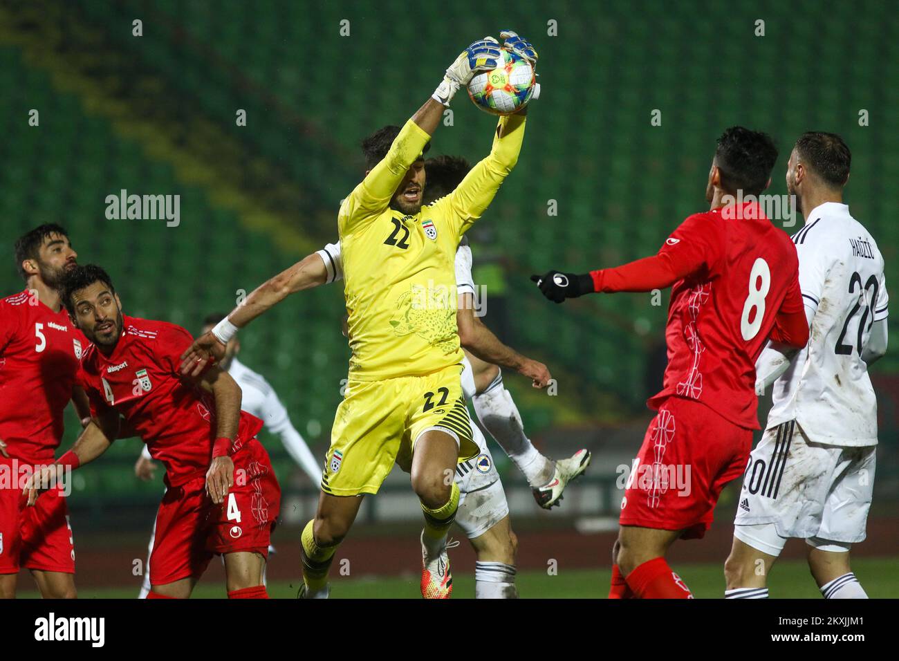 Goalkeeper Amir Abedzadeh with ball during friendly match between Bosnia and Herzegovina and Iran, in Sarajevo,Bosnia and Herzegovina , November 12, 2020. Photo: Armin Durgut/PIXSELL  Stock Photo