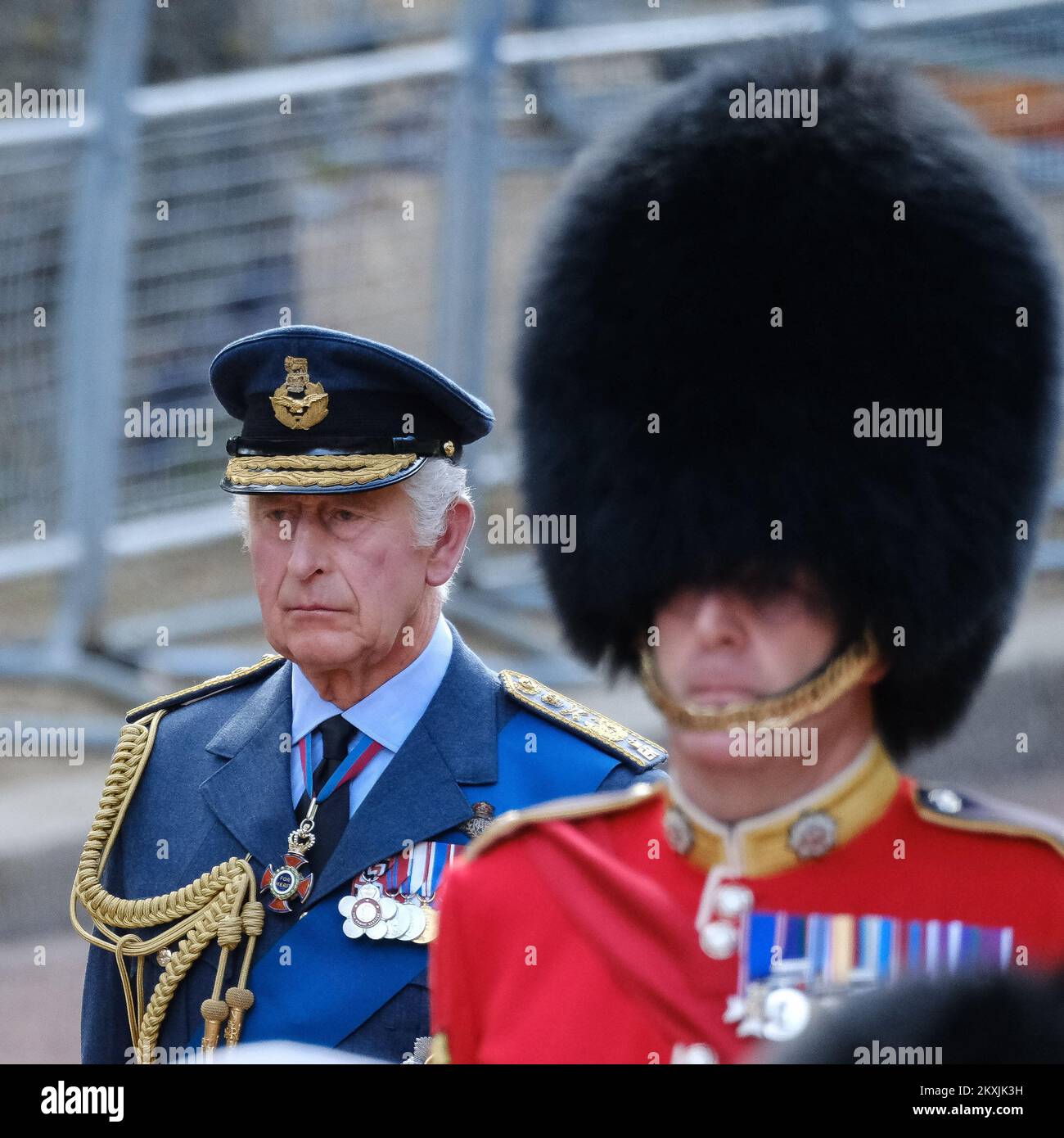 King Charles III walks behind the coffin of his mother, Majesty Queen Elizabeth II photographed during The ceremonial procession to transport her late Majesty Queen Elizabeth II’s coffin from Buckingham Palace to the Palace of Westminster at The Mall , London on Wednesday 14 September 2022 . Picture by Julie Edwards. Stock Photo
