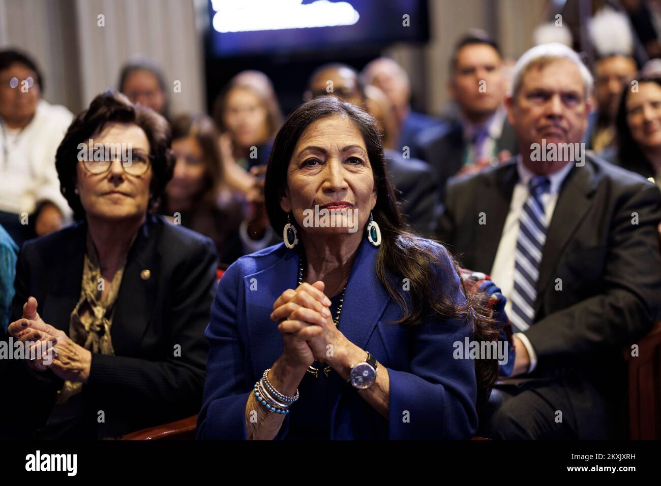 Washington, DC, USA. 30th Nov, 2022. United States Secretary of the Interior Deb Haaland, and US Senator Jacky Rosen (Democrat of Nevada), in the audience during the White House Tribal Nations Summit at the Department of the Interior in Washington, DC, US, on Wednesday, Nov. 30, 2022. The first in-person Tribal Nations Summit of the Biden administration is allowing federal officials and Tribal leaders to engage about ways to invest in and strengthen Native communities, according to the White House. Credit: Ting Shen/Pool via CNP/dpa/Alamy Live News Stock Photo