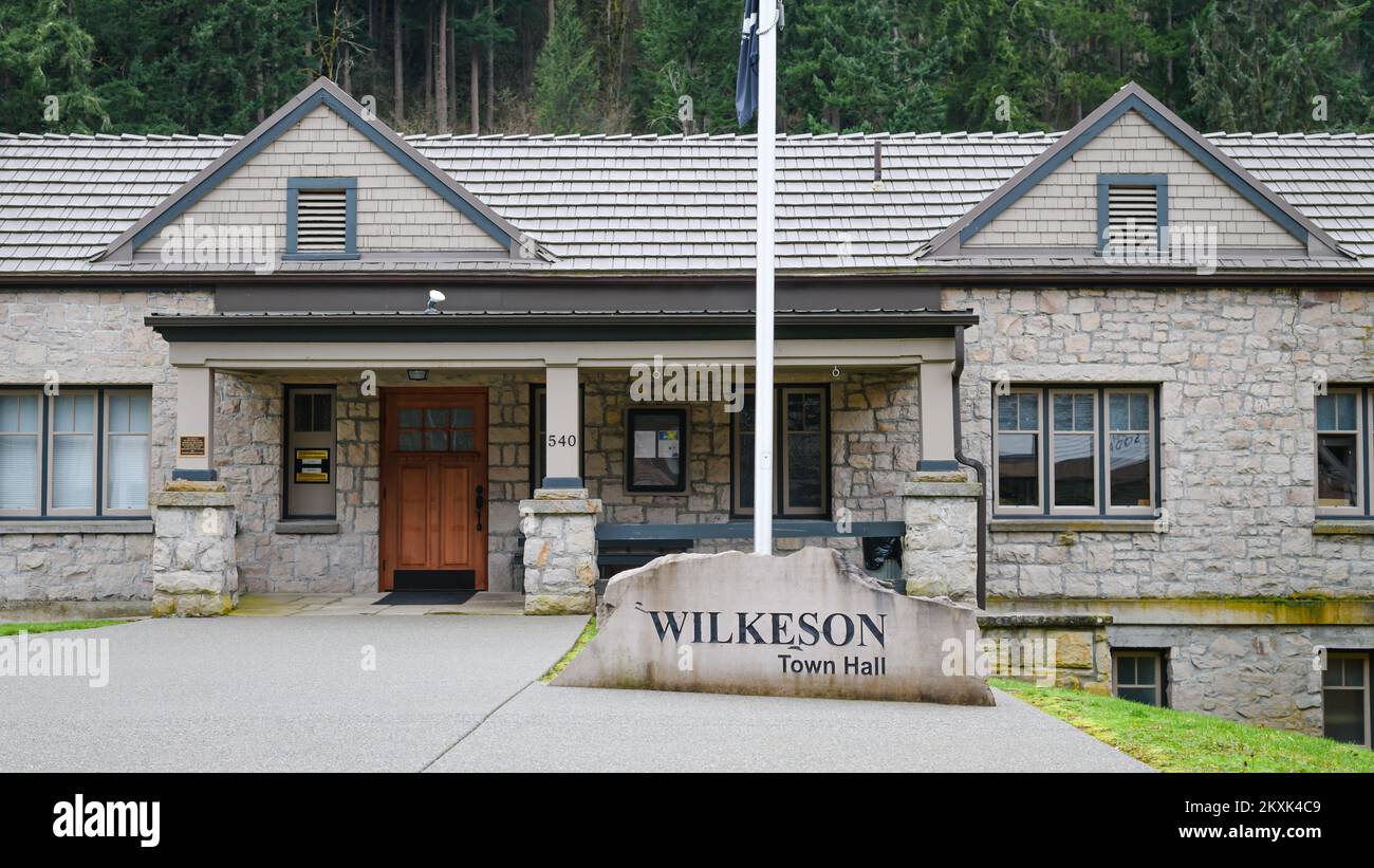 Wilkeson, WA, USA - January 21, 2022; Sign and entrance for Wilkeson Town Hall in Pierce County Washington Stock Photo