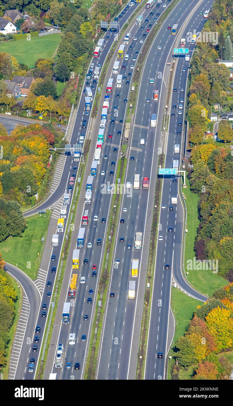 Aerial view, truck traffic jam on freeway A2 triangle Bottrop, city forest, Bottrop, Ruhr area, North Rhine-Westphalia, Germany, Highway, DE, Europe, Stock Photo