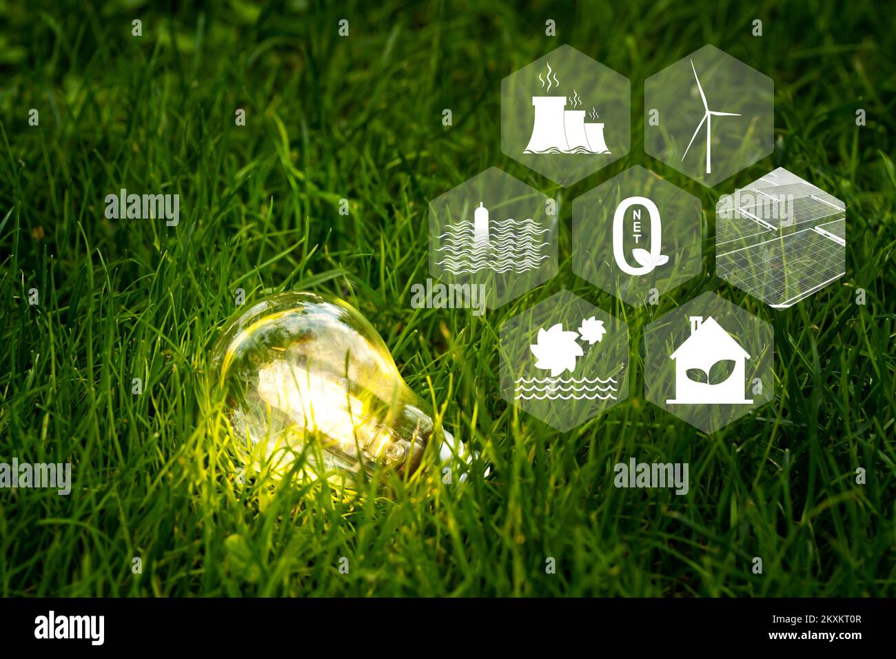 Shining lightbulb among grasses and renewable energy source icons as a ...