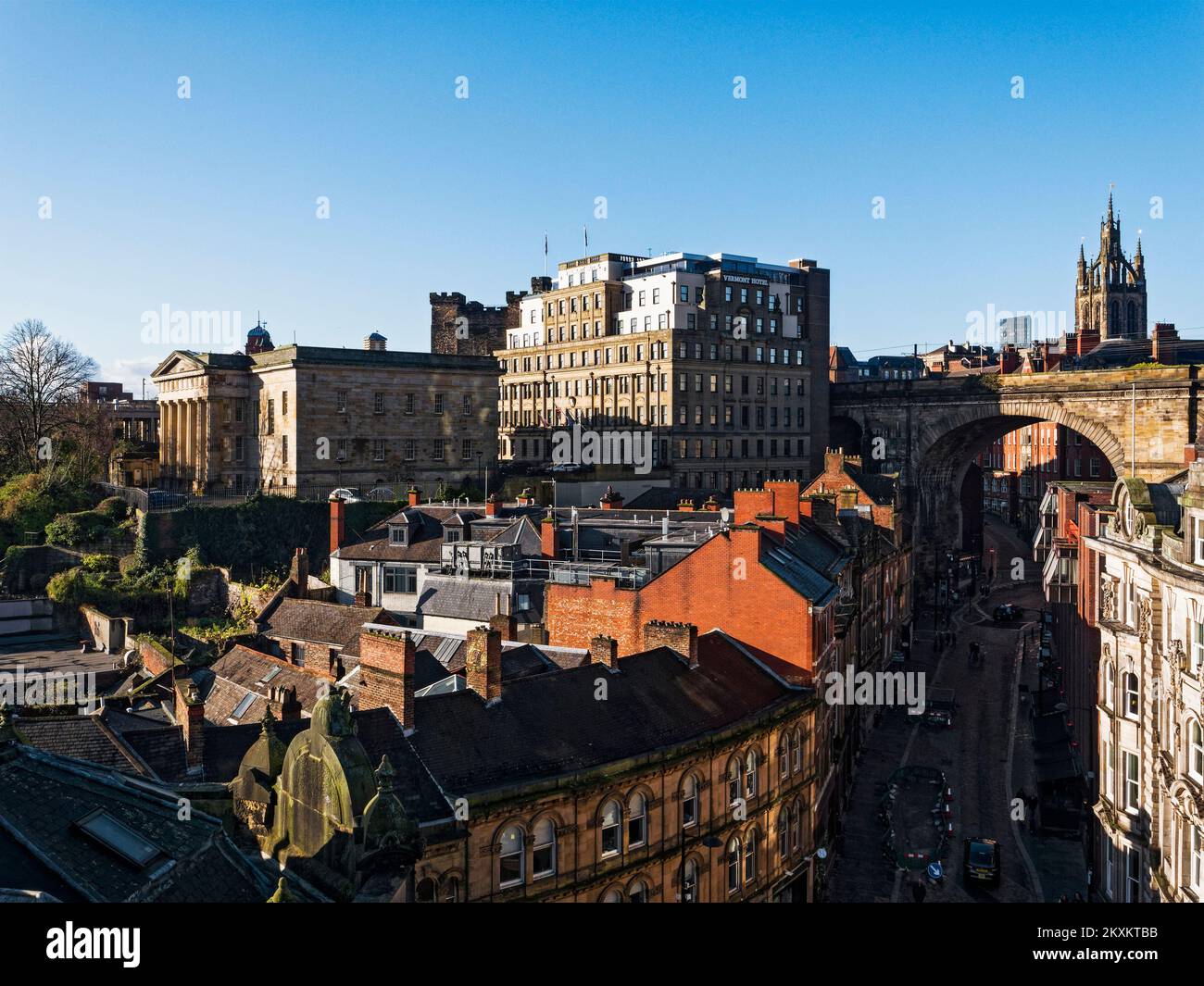 High view of Newcastle upon Tyne, UK, looking up Dean Street to the Vermont Hotel and St Nicholas Cathedral Stock Photo