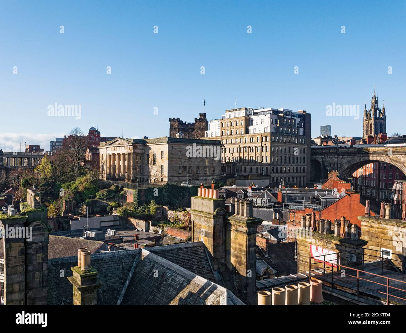 High view of Newcastle upon Tyne, UK, looking to the Vermont Hotel and St Nicholas Cathedral Stock Photo