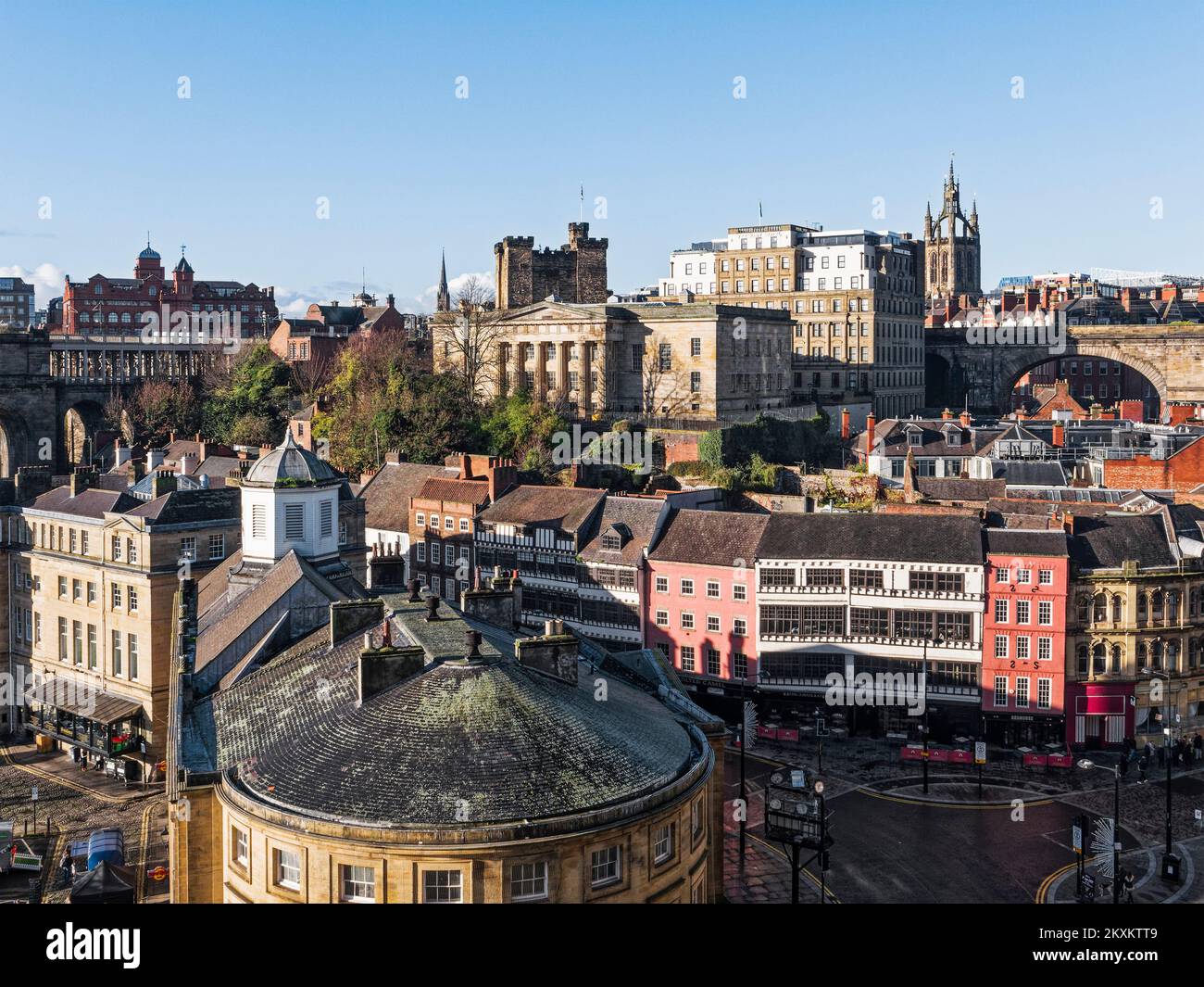 High view of Newcastle upon Tyne, UK, looking to the Vermont Hotel and St Nicholas Cathedral Stock Photo