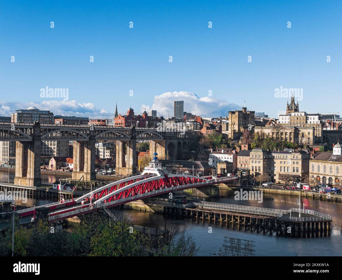 View over Newcastle upon Tyne, UK quayside with High Level and Swing bridges. Stock Photo