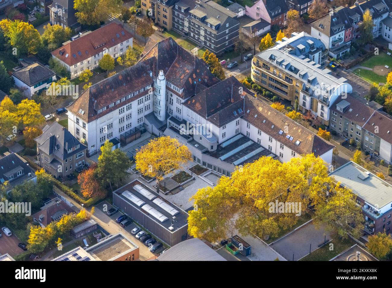Aerial view, VHS Bottrop, cultural center, old town, Bottrop, Ruhr area, North Rhine-Westphalia, Germany, DE, Europe, August Everding Cultural Center, Stock Photo