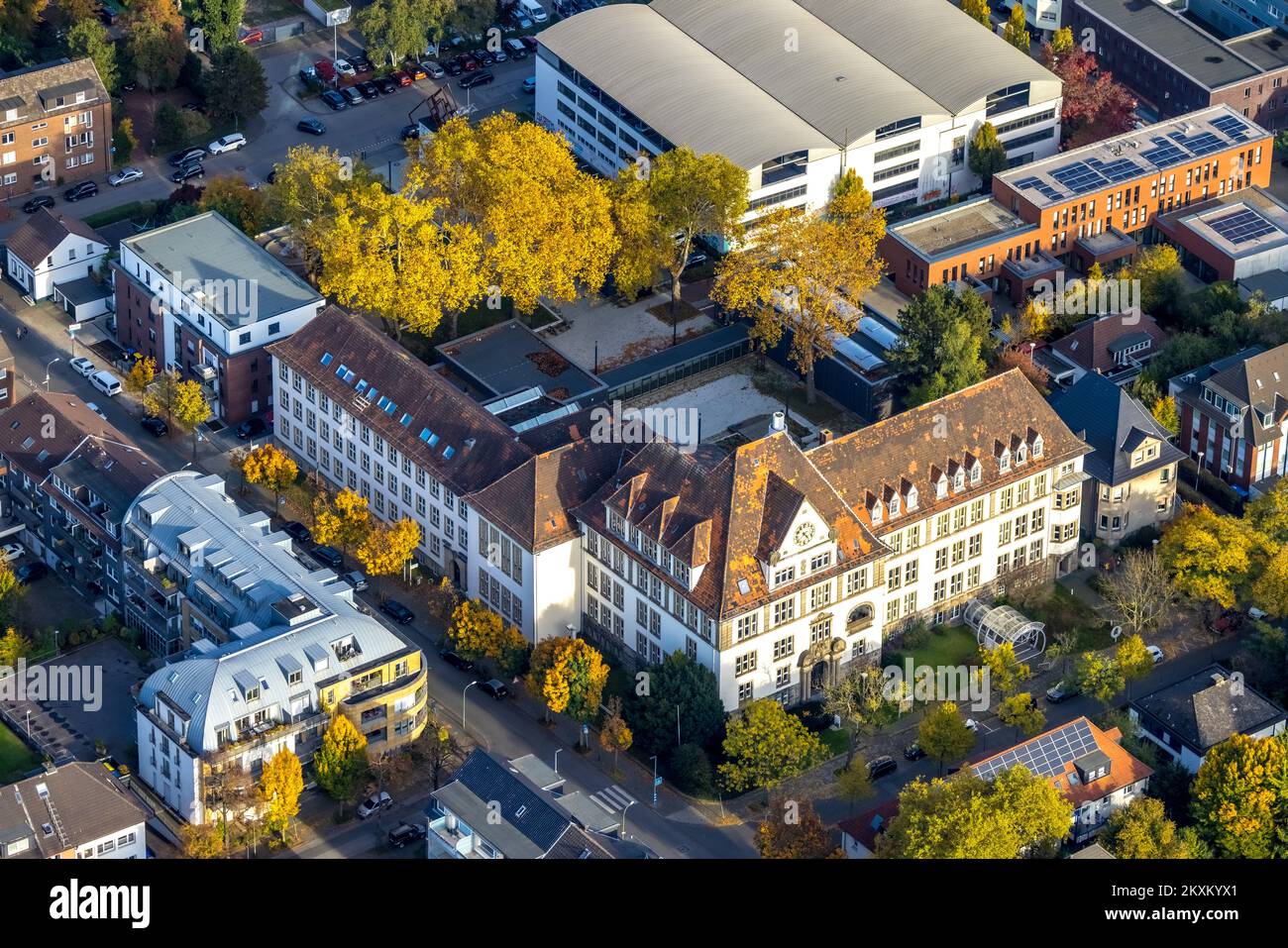 Aerial view, VHS Bottrop, cultural center, old town, Bottrop, Ruhr area, North Rhine-Westphalia, Germany, DE, Europe, August Everding Cultural Center, Stock Photo