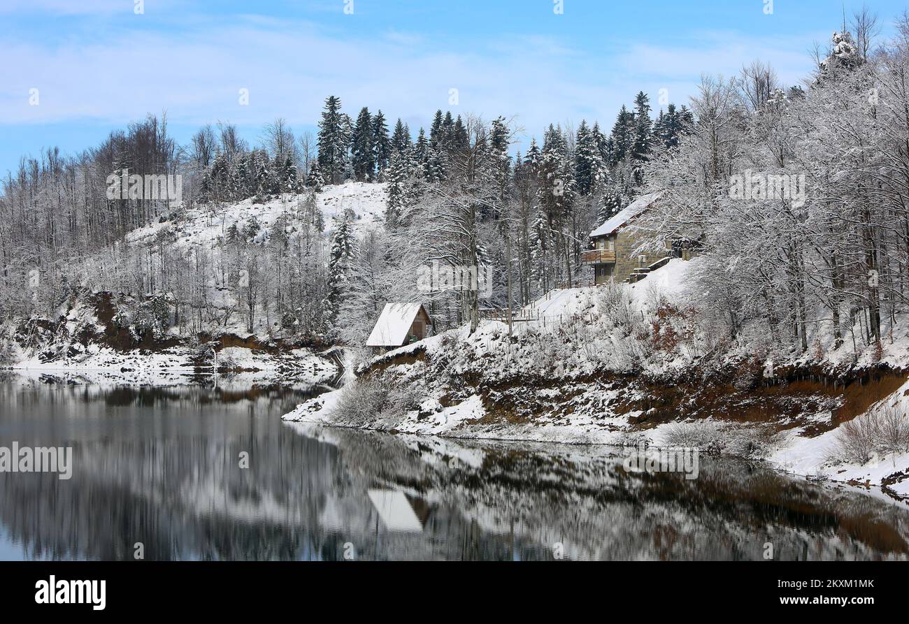 A photo taken on February 1, 2021 shows winter landscape of Lokve Lake in Gorski kotar, Croatia. Photo: Kristina Stedul Fabac/PIXSELL Stock Photo