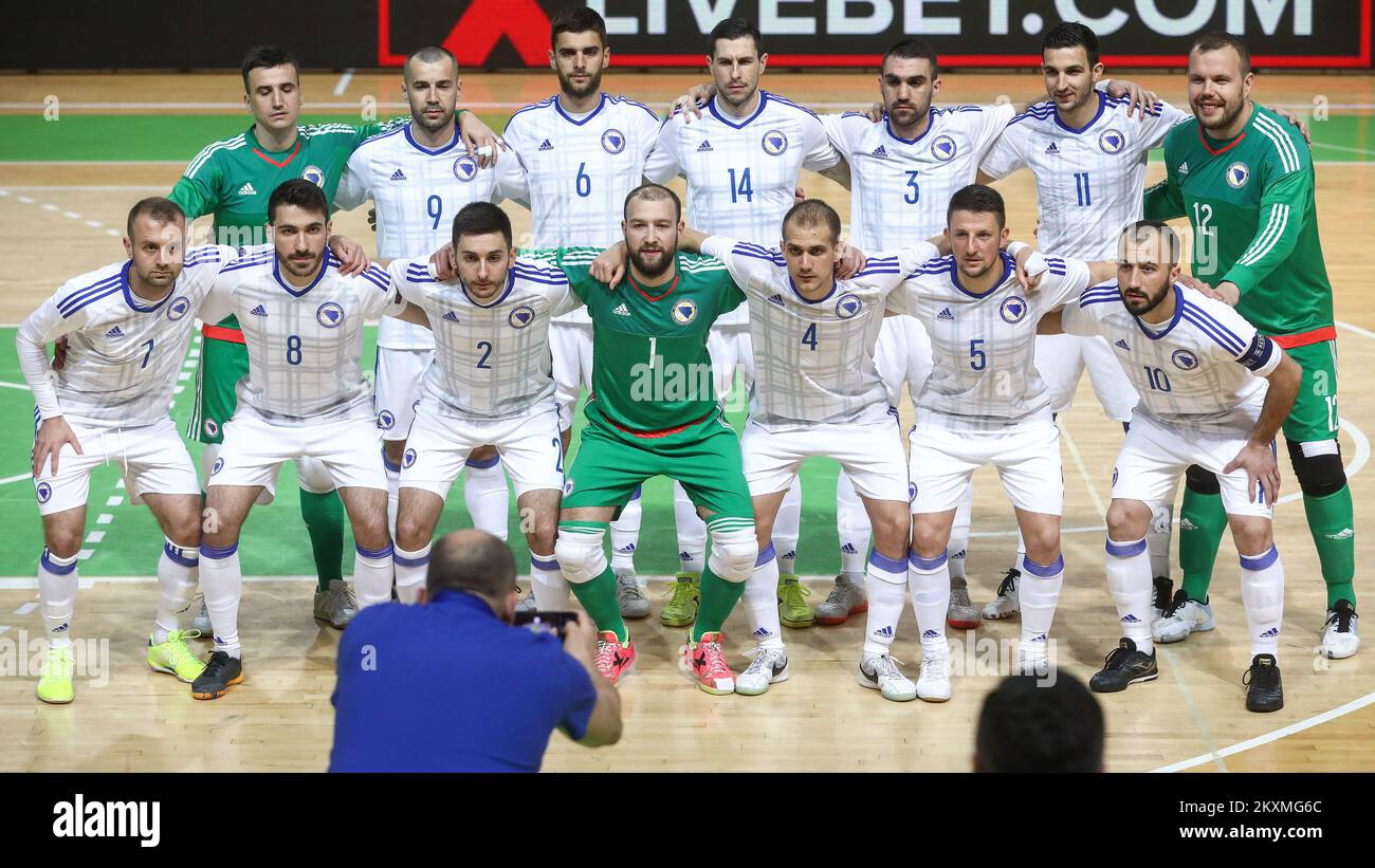 Bosnian players pose for photo ahead of the UEFA Futsal EURO 2022 Qualifier match between Bosnia and Herzegovina and Romania at Husein Smajlovic Arena on March 10, 2021 in Zenica, Bosnia and Herzegovina. Photo: Armin Durgut/PIXSELL Stock Photo