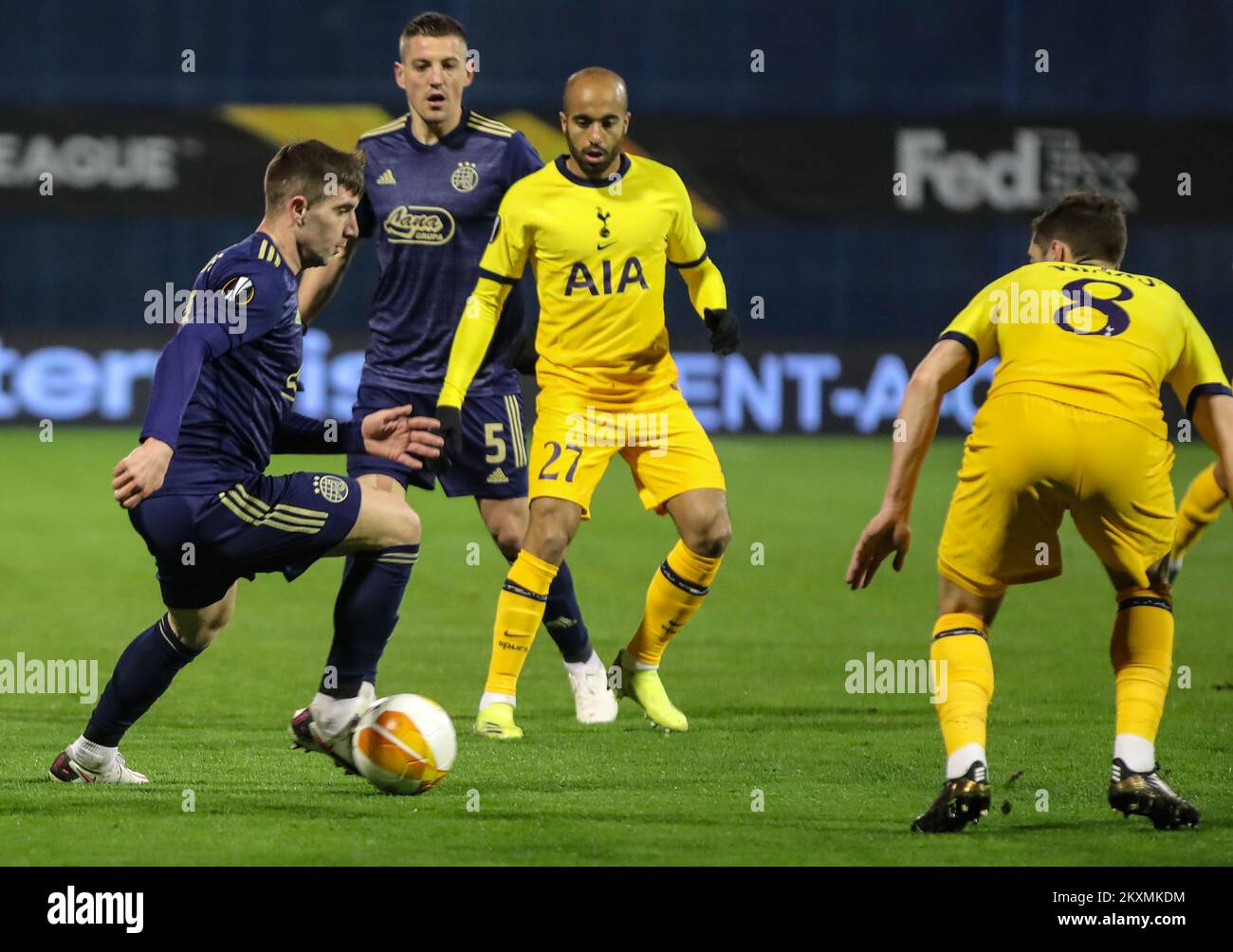 ZAGREB, CROATIA - MARCH 18: Luka Ivanusec of Dinamo Zagreb and Lucas Moura of Tottenham Hotspur during the UEFA Europa League Round of 16 Second Leg match between Dinamo Zagreb and Tottenham Hotspur at Stadium Maksimir on March 18, 2021 in Zagreb, Croatia. Sporting stadiums around Europe remain under strict restrictions due to the Coronavirus Pandemic as Government social distancing laws prohibit fans inside venues resulting in games being played behind closed doors. (Photo by Goran Stanzl/Pixsell) Stock Photo