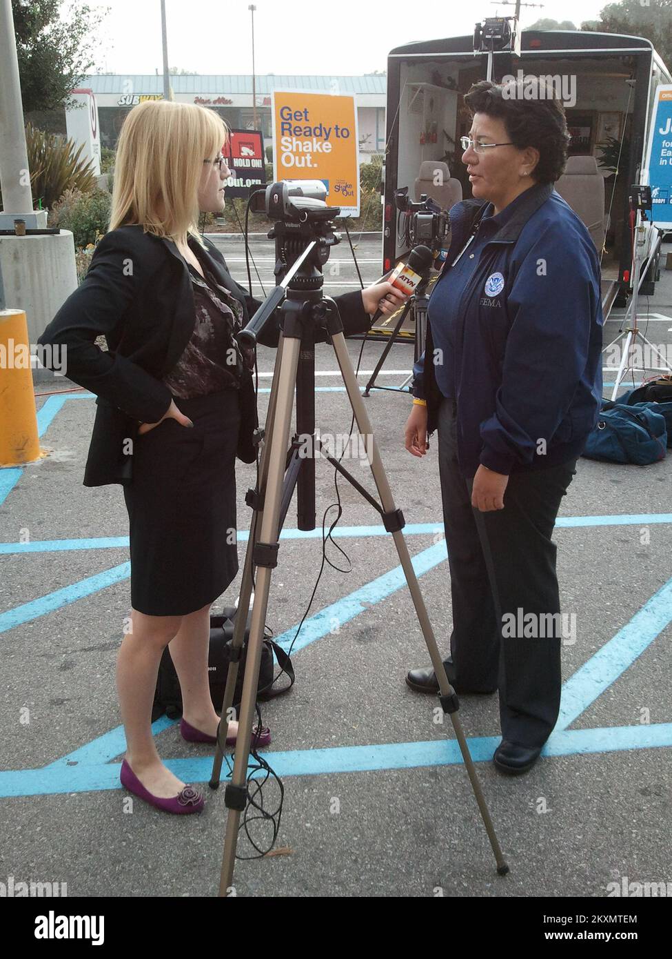 Earthquake   Emergency Planning and Security - Northridge, Calif. , October 20, 2011   Veronica Verde, FEMA Region IX External Affairs Officer, provided information to the media at a press event in a Southern California Target store to promote the California Great Shakeout. CalEMA, USGS and Los Angeles Mayor Antonio Villaraigosa were among those in attendance.. Photographs Relating to Disasters and Emergency Management Programs, Activities, and Officials Stock Photo