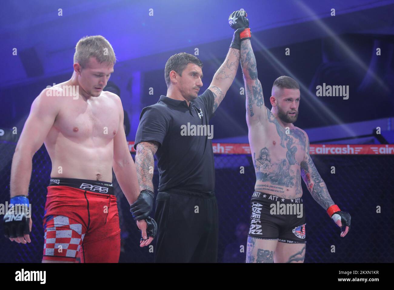 Vlastislav Cepo 'El Chapo' of Serbia in action with Leon Krajacic of Croatia during MMA FNC ARMAGEDON Finals match at American Top Team Zagreb Gym in Zagreb, Croatia on April 10, 2021. Photo: Tomislav Miletic/PIXSELL Stock Photo