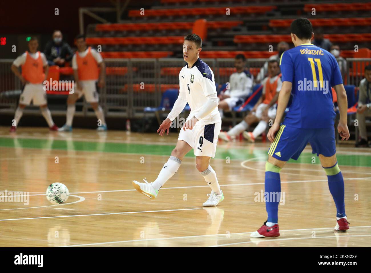 Jovan Lazarevic of Serbia passes the ball during UEFA Futsal EURO 2022 Qualification match between Bosnia and Herzegovina and Serbia at City Arena Husejin Smajlovic in Zenica, Bosnia and Herzegovina on April 14, 2021. Photo: Armin Durgut/PIXSELL Stock Photo