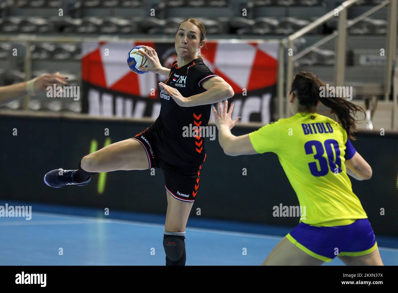 Lois Abbingh of Netherlands in action during HEP Croatia Cup handball match between Netherlands and Brazil at Zatika Sports Hall on April 15, 2021 in Porec, Croatia. Photo: Srecko Niketic/PIXSELL Stock Photo