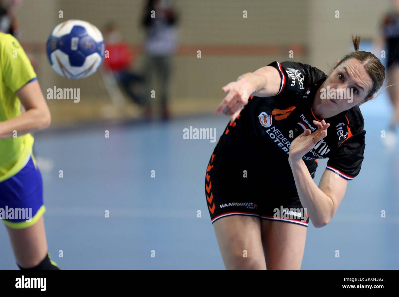 Lois Abbingh of Netherlands shots a goal during HEP Croatia Cup handball match between Netherlands and Brazil at Zatika Sports Hall on April 15, 2021 in Porec, Croatia. Photo: Srecko Niketic/PIXSELL Stock Photo