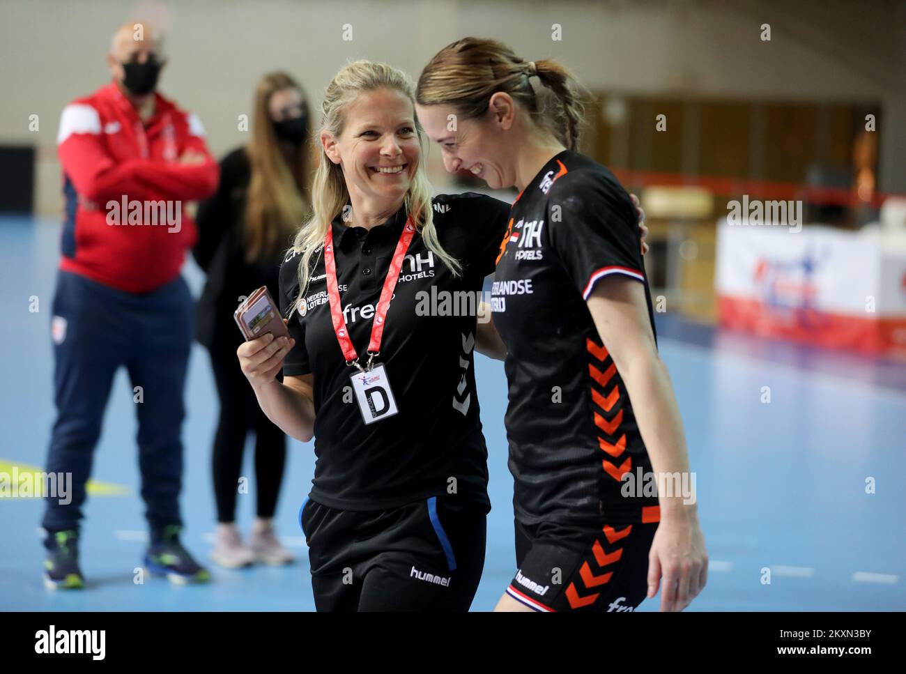 Maike Willems and Lois Abbingh of Netherlands after HEP Croatia Cup handball match between Netherlands and Brazil at Zatika Sports Hall on April 15, 2021 in Porec, Croatia. Photo: Srecko Niketic/PIXSELL Stock Photo