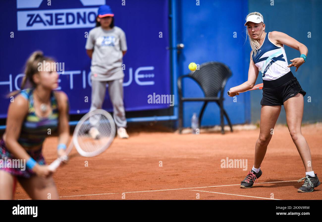 Andreea Prisacariu of Romania and Nika Radisic of Slovenia in action during  the double's final ITF Zageb Ladies Open 2021 tennis tournament match  against Barbara Haas of Austria and Katarzyna Kawa of