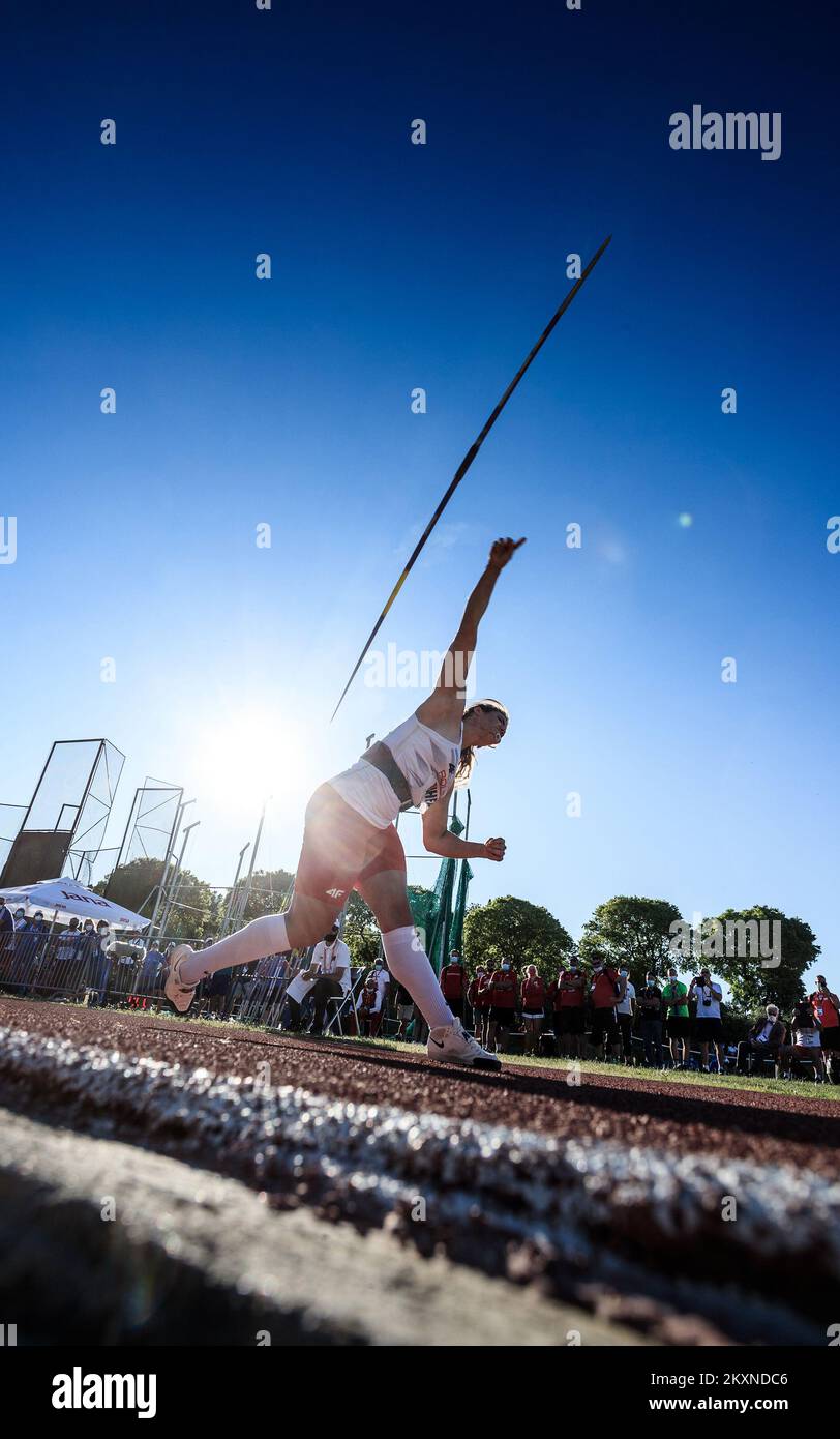 SPLIT, CROATIA - MAY 09: Maria Andrejczyk of Poland competes in Women's Javelin Throw Final during the European throwing cup at the Park Mladezi stadium on May 9, 2021 in Split, Croatia. Photo: Milan Sabic/PIXSELL Stock Photo