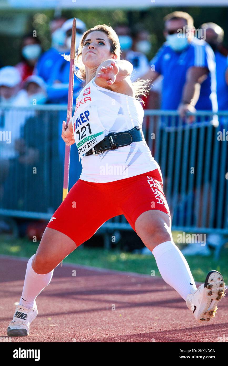 SPLIT, CROATIA - MAY 09: Maria Andrejczyk of Poland competes in Women's Javelin Throw Final during the European throwing cup at the Park Mladezi stadium on May 9, 2021 in Split, Croatia. Photo: Milan Sabic/PIXSELL Stock Photo