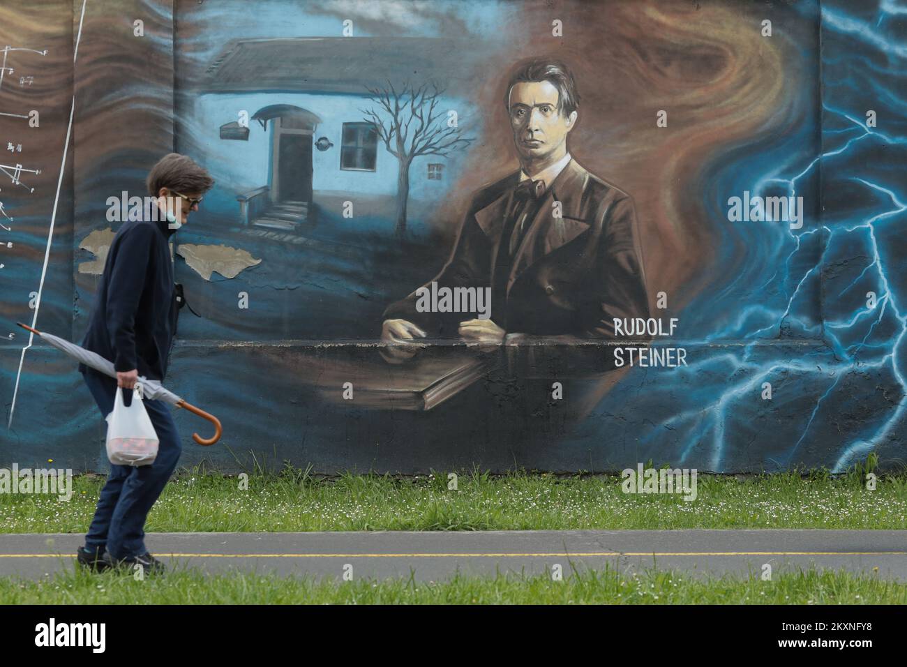 Mural of the Croatian-Austrian philosopher, educator, writer, esotericist and main founder of anthroposophy Rudolf Steiner in the passage from Cardinal Alojzije Stepinac Street to the Upper Town Market in Osijek, Croatia on May 17, 2021. The painted wall of the Osijek Prison is the work of Osijek artist Igor Desic. Photo: Dubravka Petric/PIXSELL Stock Photo