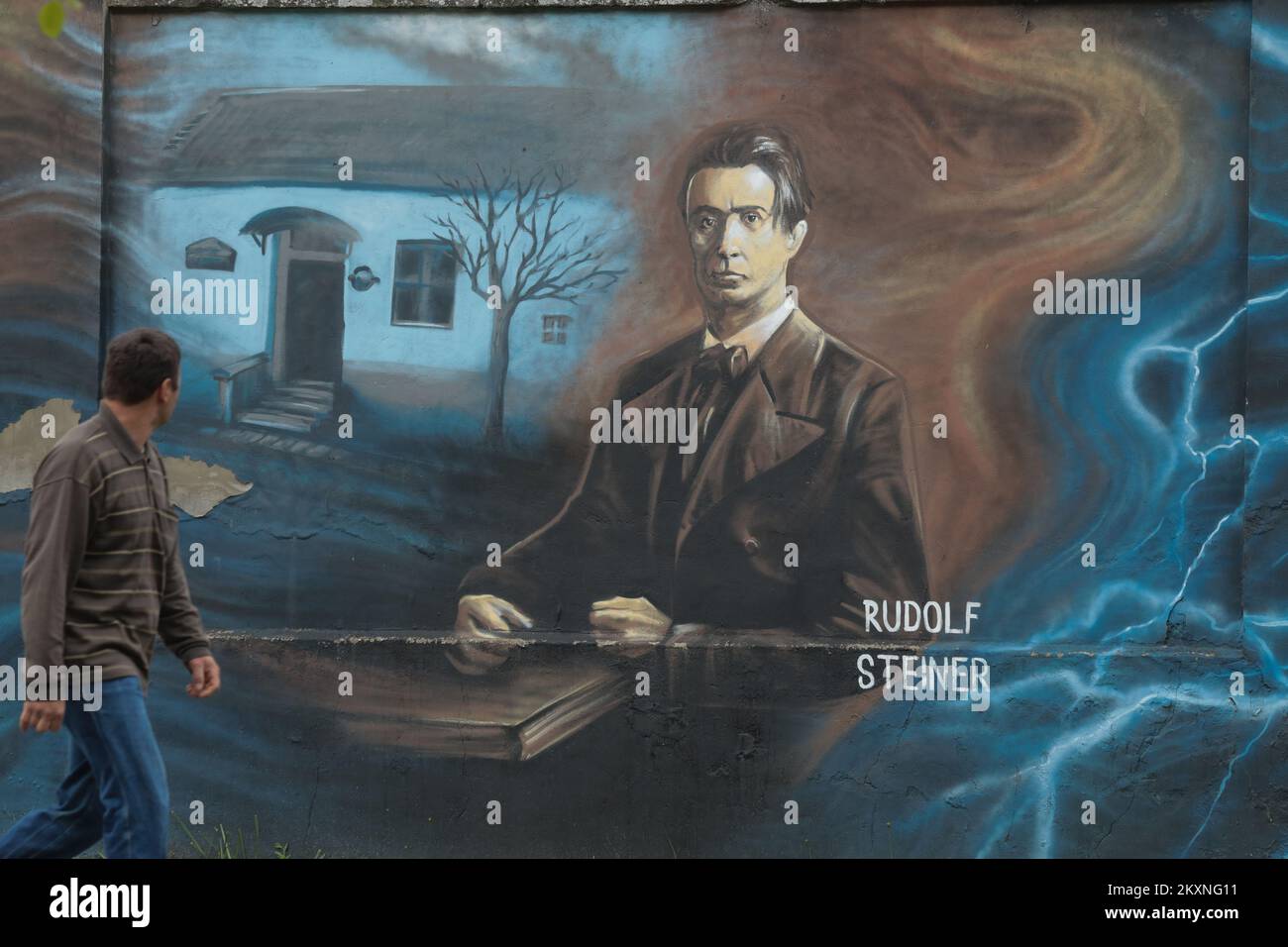 Mural of the Croatian-Austrian philosopher, educator, writer, esotericist and main founder of anthroposophy Rudolf Steiner in the passage from Cardinal Alojzije Stepinac Street to the Upper Town Market in Osijek, Croatia on May 17, 2021. The painted wall of the Osijek Prison is the work of Osijek artist Igor Desic. Photo: Dubravka Petric/PIXSELL Stock Photo