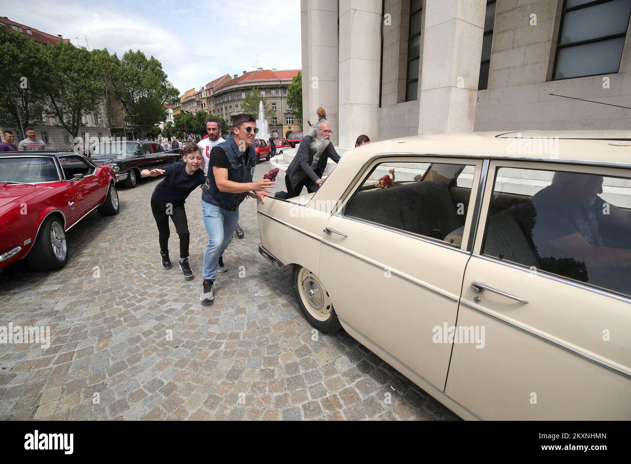 Old-timers are seen during Traditional Old-timer Rally 'Old school Landing in Zagreb' organized by the Ferdinand Budicki Automobile Museum at the Square of Victims of Fascism in Zagreb, Croatia on May 22, 2021. The 15th meeting of historic vehicles is marked on the occasion of 115 years of city and national automotive history. Photo: Sanjin Strukic/PIXSELL Stock Photo