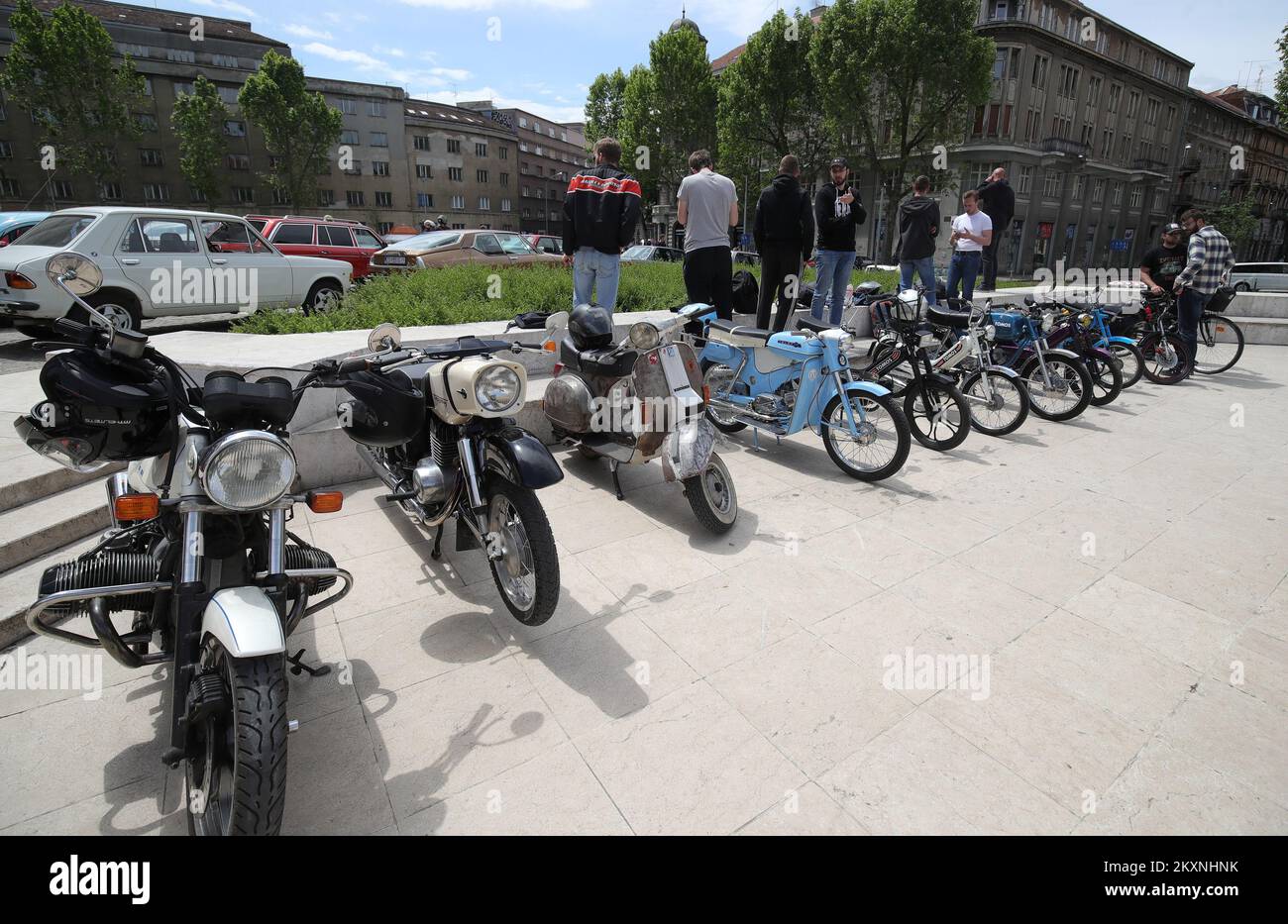 Old Motorcycles are seen during Traditional Old-timer Rally 'Old school Landing in Zagreb' organized by the Ferdinand Budicki Automobile Museum at the Square of Victims of Fascism in Zagreb, Croatia on May 22, 2021. The 15th meeting of historic vehicles is marked on the occasion of 115 years of city and national automotive history. Photo: Sanjin Strukic/PIXSELL Stock Photo