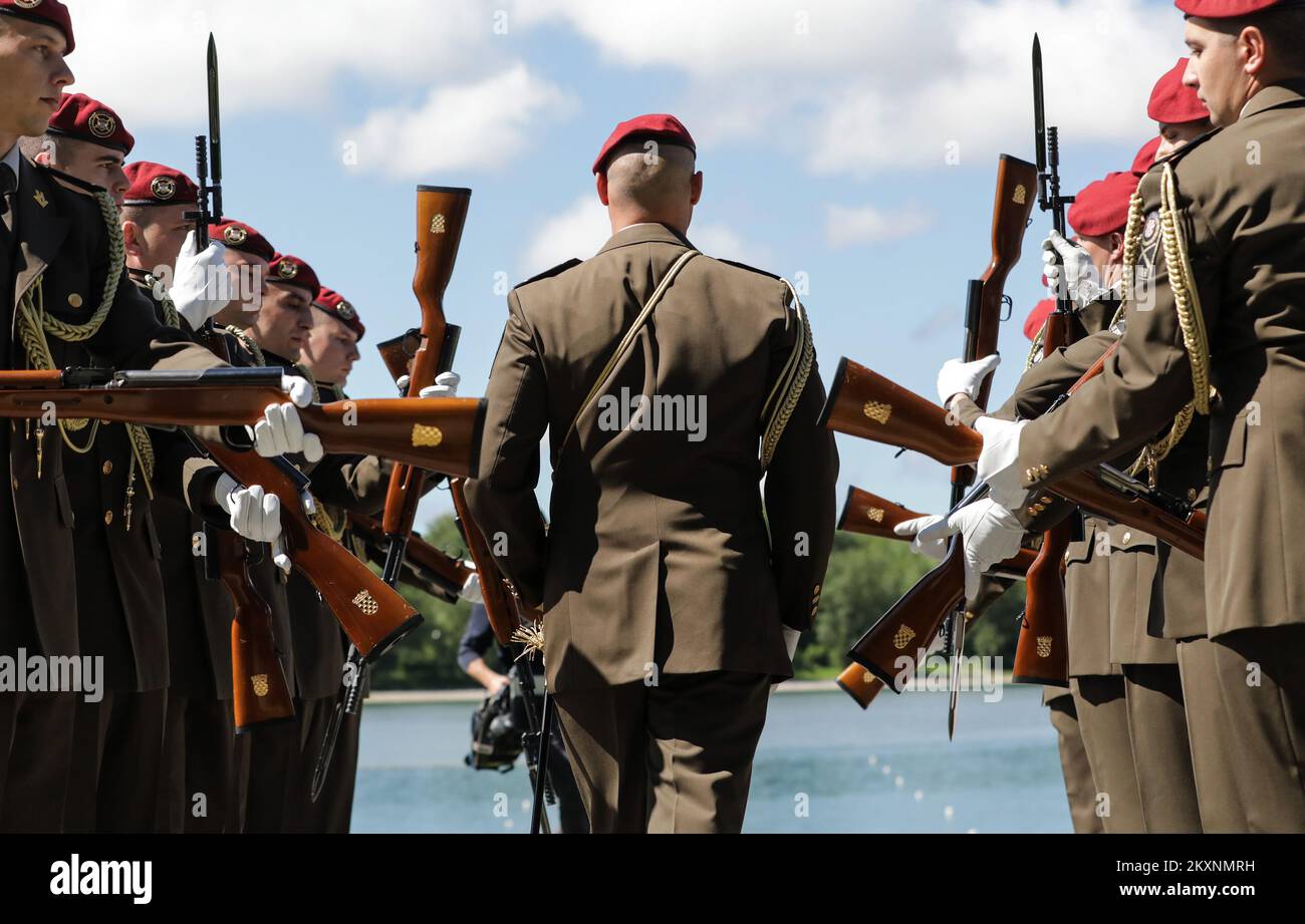 A soldiers are pictured during a military parade and public show on the