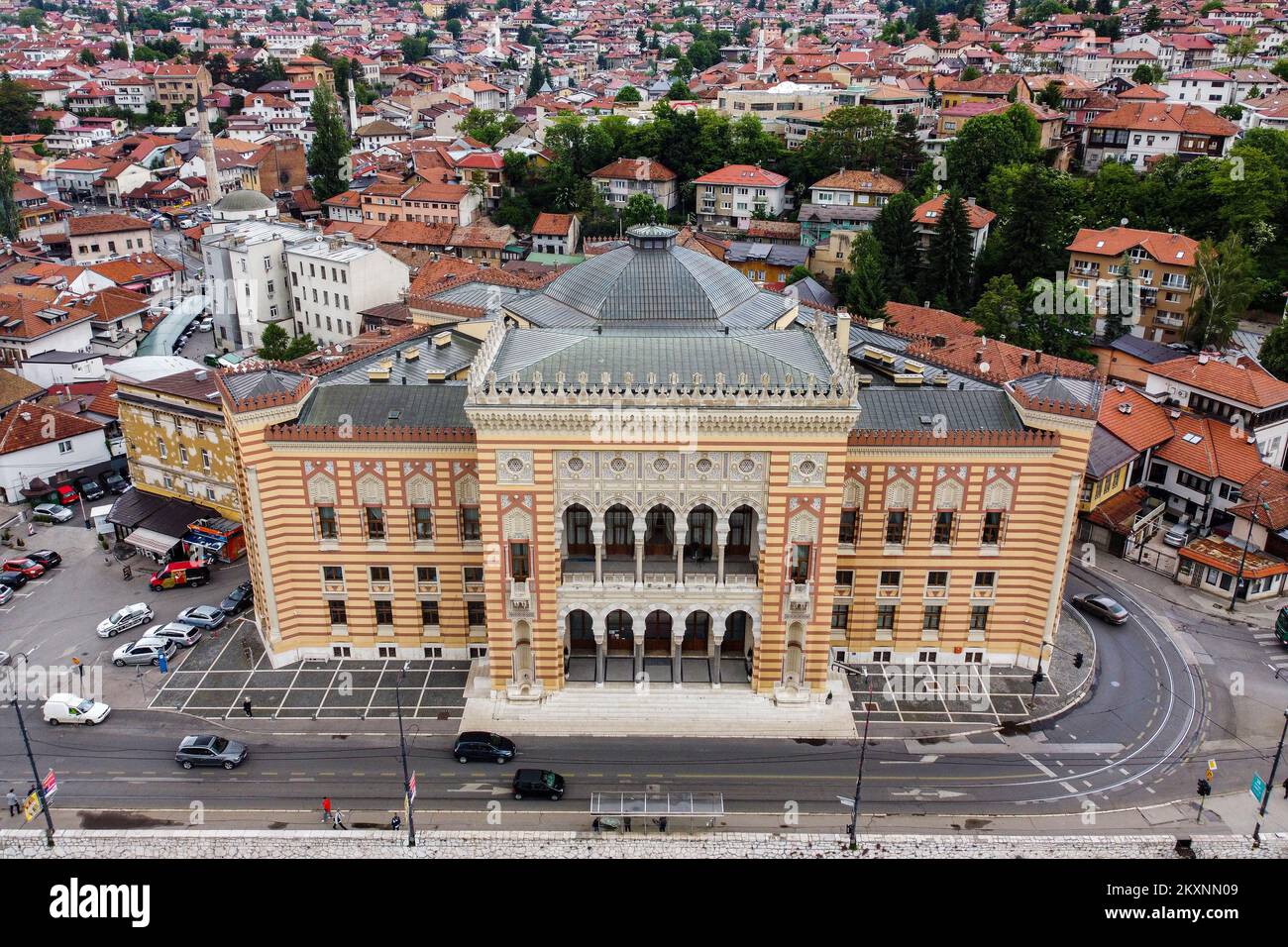 Drone Footage Of Sarajevo City Hall Located Near Bascarsija And Is One drone-footage-of-sarajevo-city-hall-located-near-bascarsija-and-is-one