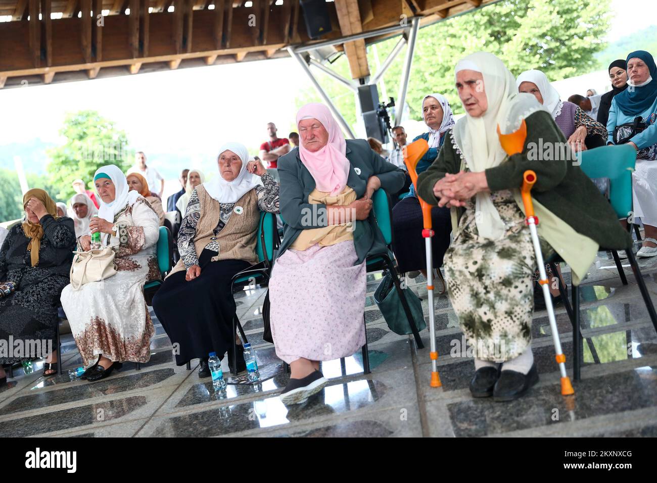 Mothers of Srebrenica follow the verdict against Ratko Mladic, in Potocari, Bosnia and Herzegovina ,on June 8, 2021 .The commander, the Bosnian Serb former general Ratko Mladic, was convicted in 2017 of genocide, crimes against humanity and war crimes. He was sentenced to life in prison. On Tuesday, that verdict was upheld by the International Criminal Tribunal for the Former Yugoslavia in The Hague, drawing a close to one of the darkest chapters in modern European history and ending a legal struggle that stretched back to 1995, when Mr. Mladic was first indicted.Now 79, Mr. Mladic has always Stock Photo