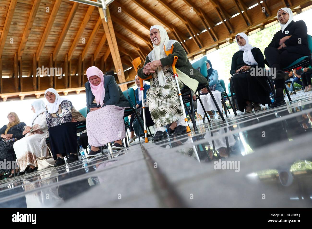 Mothers of Srebrenica follow the verdict against Ratko Mladic, in Potocari, Bosnia and Herzegovina ,on June 8, 2021 .The commander, the Bosnian Serb former general Ratko Mladic, was convicted in 2017 of genocide, crimes against humanity and war crimes. He was sentenced to life in prison. On Tuesday, that verdict was upheld by the International Criminal Tribunal for the Former Yugoslavia in The Hague, drawing a close to one of the darkest chapters in modern European history and ending a legal struggle that stretched back to 1995, when Mr. Mladic was first indicted.Now 79, Mr. Mladic has always Stock Photo