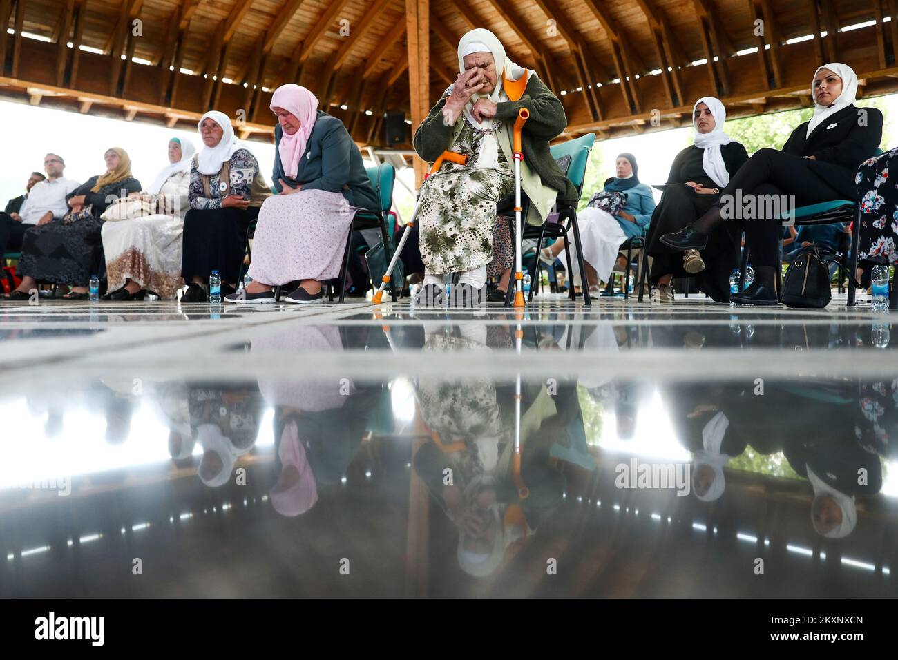 Mothers of Srebrenica follow the verdict against Ratko Mladic, in Potocari, Bosnia and Herzegovina ,on June 8, 2021 .The commander, the Bosnian Serb former general Ratko Mladic, was convicted in 2017 of genocide, crimes against humanity and war crimes. He was sentenced to life in prison. On Tuesday, that verdict was upheld by the International Criminal Tribunal for the Former Yugoslavia in The Hague, drawing a close to one of the darkest chapters in modern European history and ending a legal struggle that stretched back to 1995, when Mr. Mladic was first indicted.Now 79, Mr. Mladic has always Stock Photo