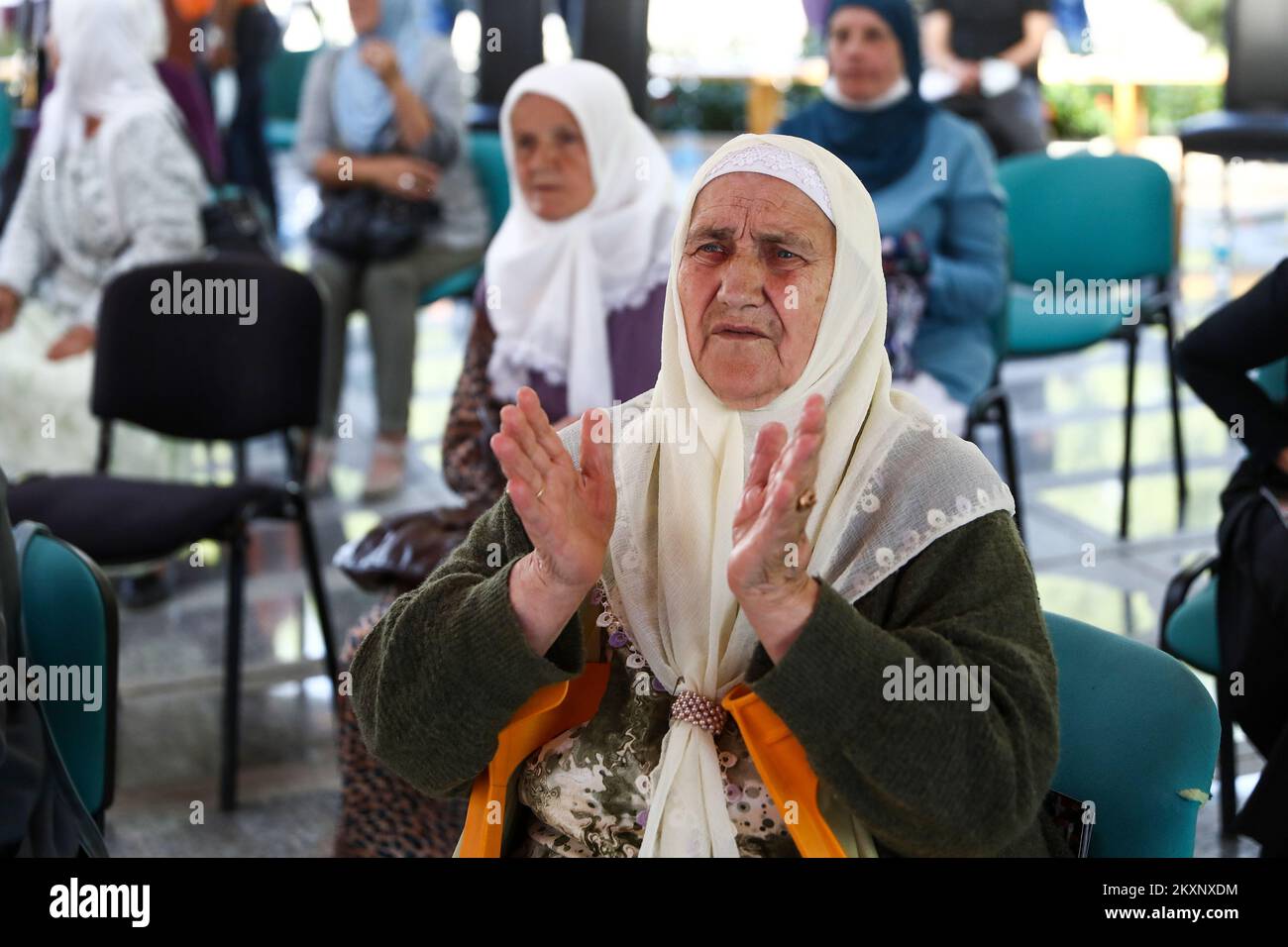 Mothers of Srebrenica follow the verdict against Ratko Mladic, in Potocari, Bosnia and Herzegovina ,on June 8, 2021 .The commander, the Bosnian Serb former general Ratko Mladic, was convicted in 2017 of genocide, crimes against humanity and war crimes. He was sentenced to life in prison. On Tuesday, that verdict was upheld by the International Criminal Tribunal for the Former Yugoslavia in The Hague, drawing a close to one of the darkest chapters in modern European history and ending a legal struggle that stretched back to 1995, when Mr. Mladic was first indicted.Now 79, Mr. Mladic has always Stock Photo