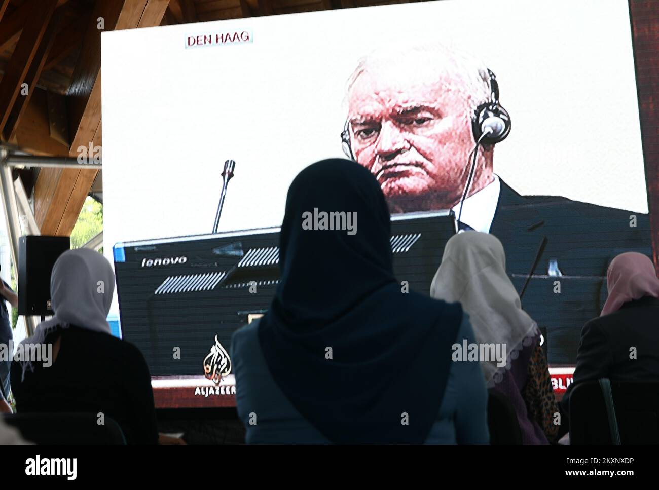Mothers of Srebrenica follow the verdict against Ratko Mladic, in Potocari, Bosnia and Herzegovina ,on June 8, 2021 .The commander, the Bosnian Serb former general Ratko Mladic, was convicted in 2017 of genocide, crimes against humanity and war crimes. He was sentenced to life in prison. On Tuesday, that verdict was upheld by the International Criminal Tribunal for the Former Yugoslavia in The Hague, drawing a close to one of the darkest chapters in modern European history and ending a legal struggle that stretched back to 1995, when Mr. Mladic was first indicted.Now 79, Mr. Mladic has always Stock Photo