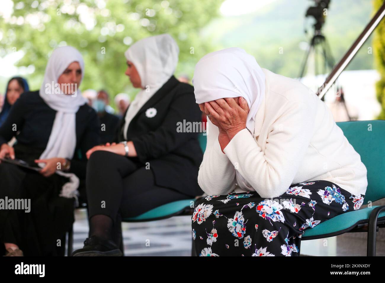 Mothers of Srebrenica follow the verdict against Ratko Mladic, in Potocari, Bosnia and Herzegovina ,on June 8, 2021 .The commander, the Bosnian Serb former general Ratko Mladic, was convicted in 2017 of genocide, crimes against humanity and war crimes. He was sentenced to life in prison. On Tuesday, that verdict was upheld by the International Criminal Tribunal for the Former Yugoslavia in The Hague, drawing a close to one of the darkest chapters in modern European history and ending a legal struggle that stretched back to 1995, when Mr. Mladic was first indicted.Now 79, Mr. Mladic has always Stock Photo