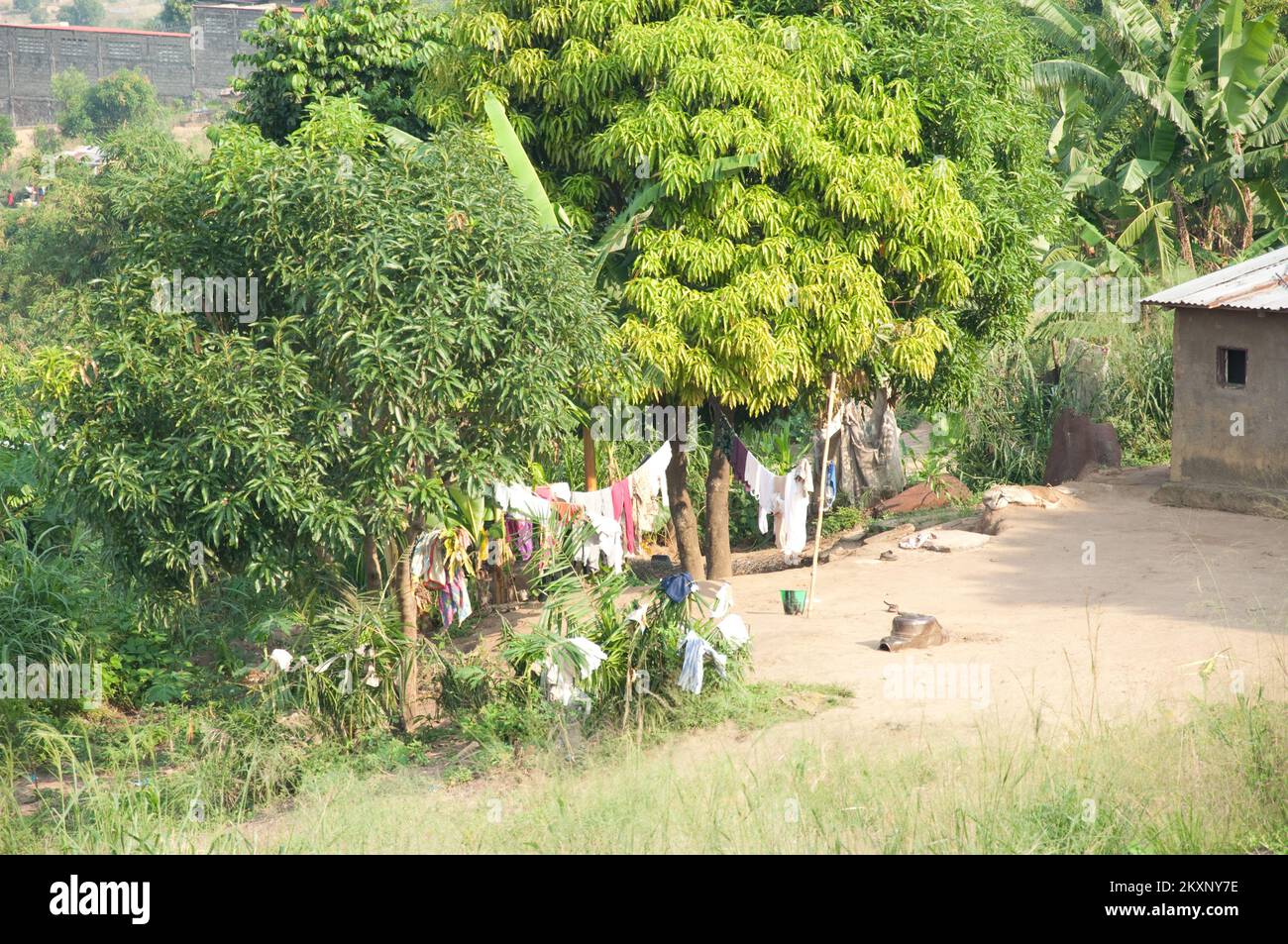 Courtyard and house, outskirts of Kinshasa, Democratic Republic of the Congo; washing on the