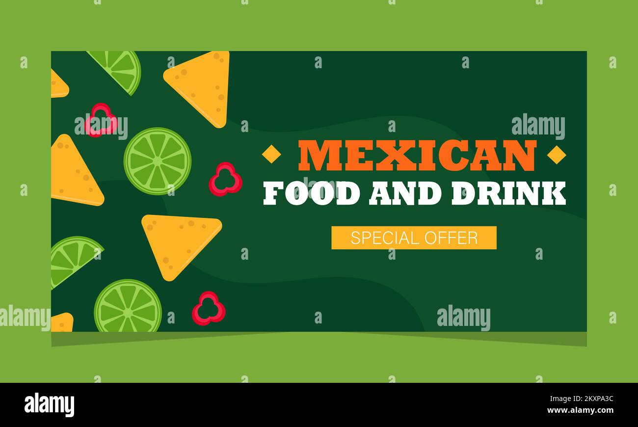 Mexican food service offer, web page. Landing banner with promo, vector illustration. Mexican restaurant. Lime, nachos and peppers on green background Stock Vector