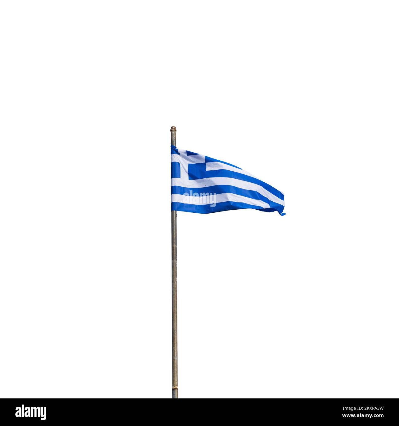 The Greek flag waving in the sky. Stock Photo