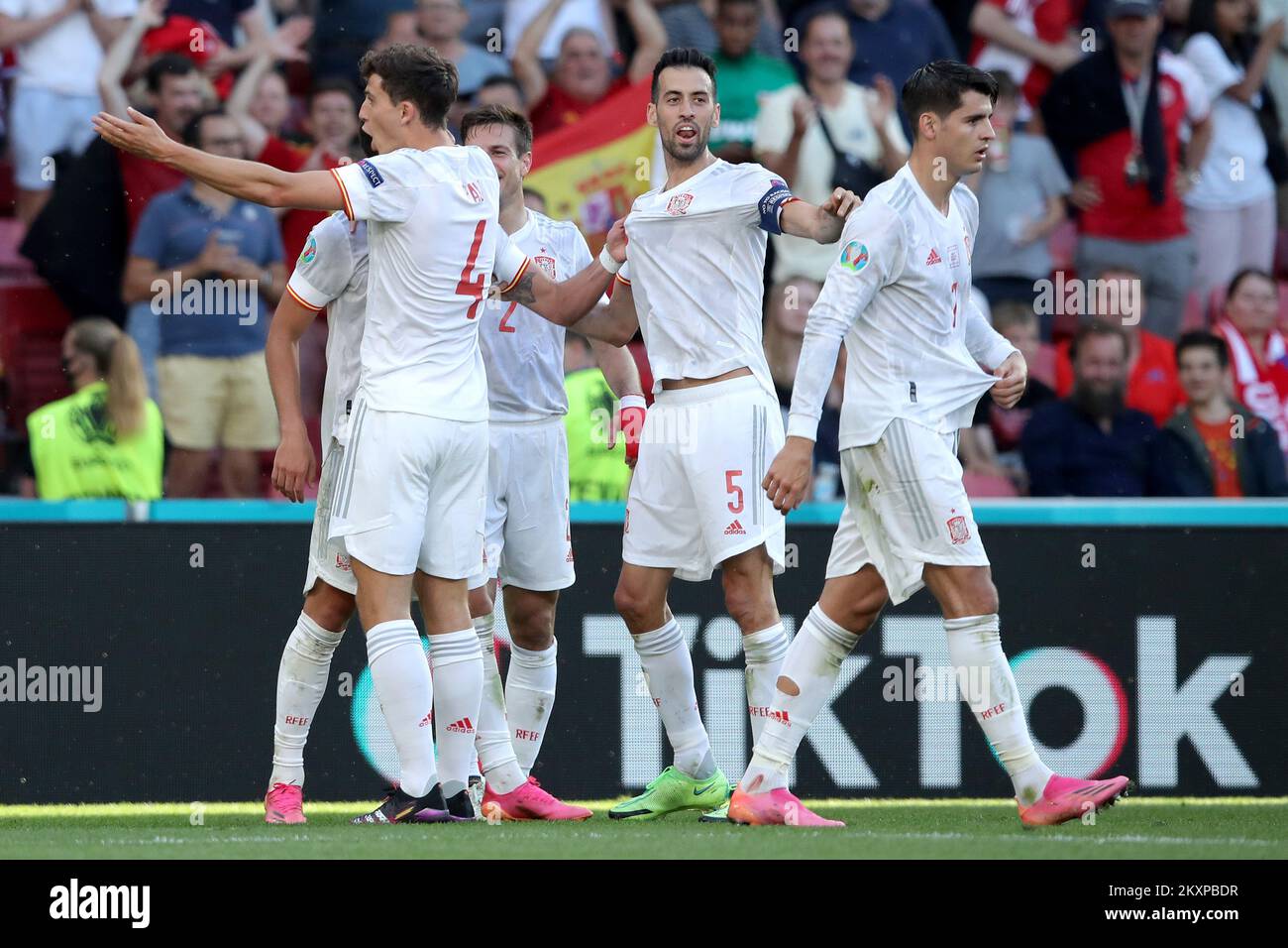 COPENHAGEN, DENMARK JUNE 28 Sergio Busquets of Spain with teammates celebrating the goal