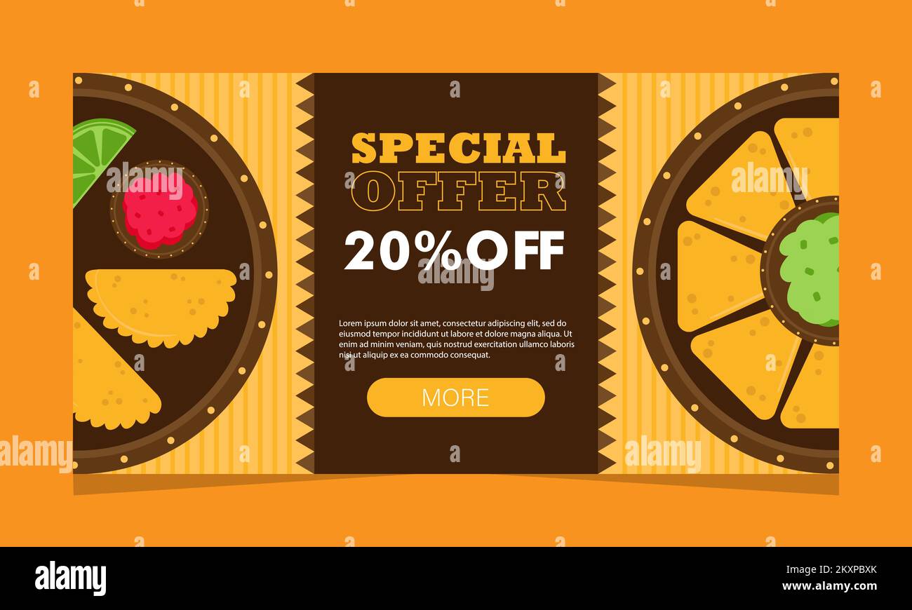 Mexican food service offer, web page. Landing banner with promo, vector illustration. Discount coupon. Stock Vector